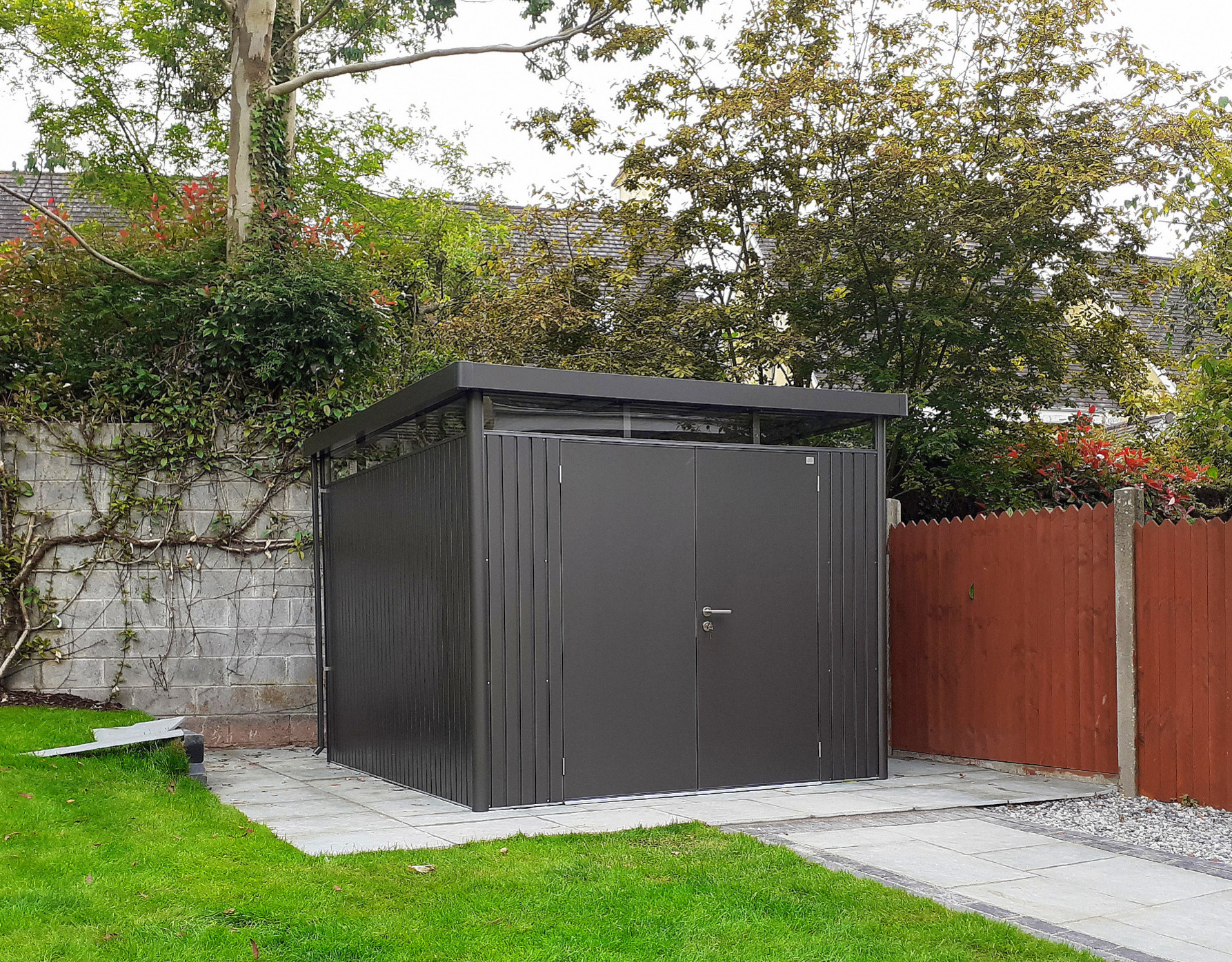 Biohort HighLine H5 Steel Garden Shed in metallic dark grey, Cork | Supplied + Fitted by Owen Chubb Garden Landscapers
