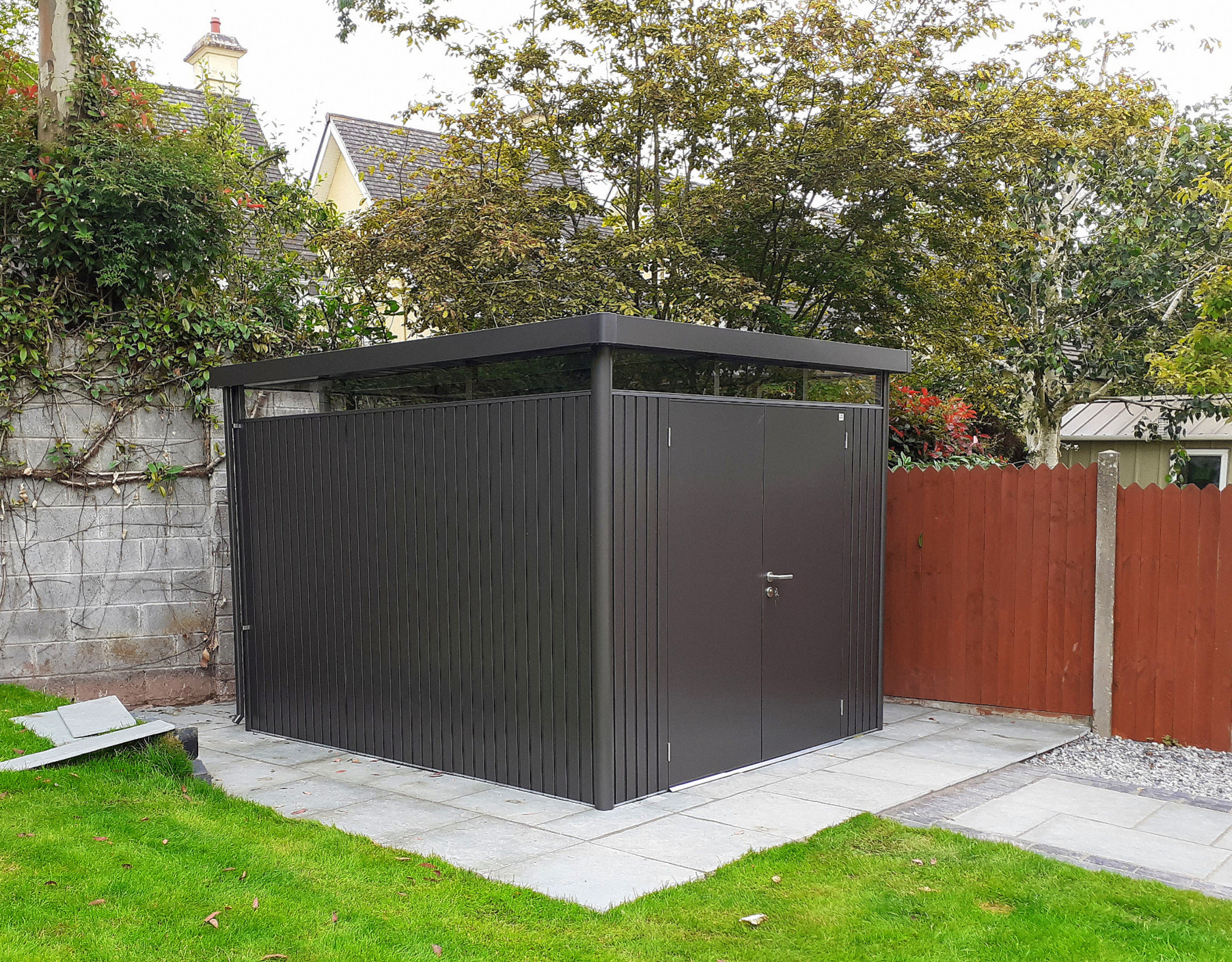 Biohort HighLine H5 Steel Garden Shed in metallic dark grey, Cork | Supplied + Fitted by Owen Chubb Garden Landscapers