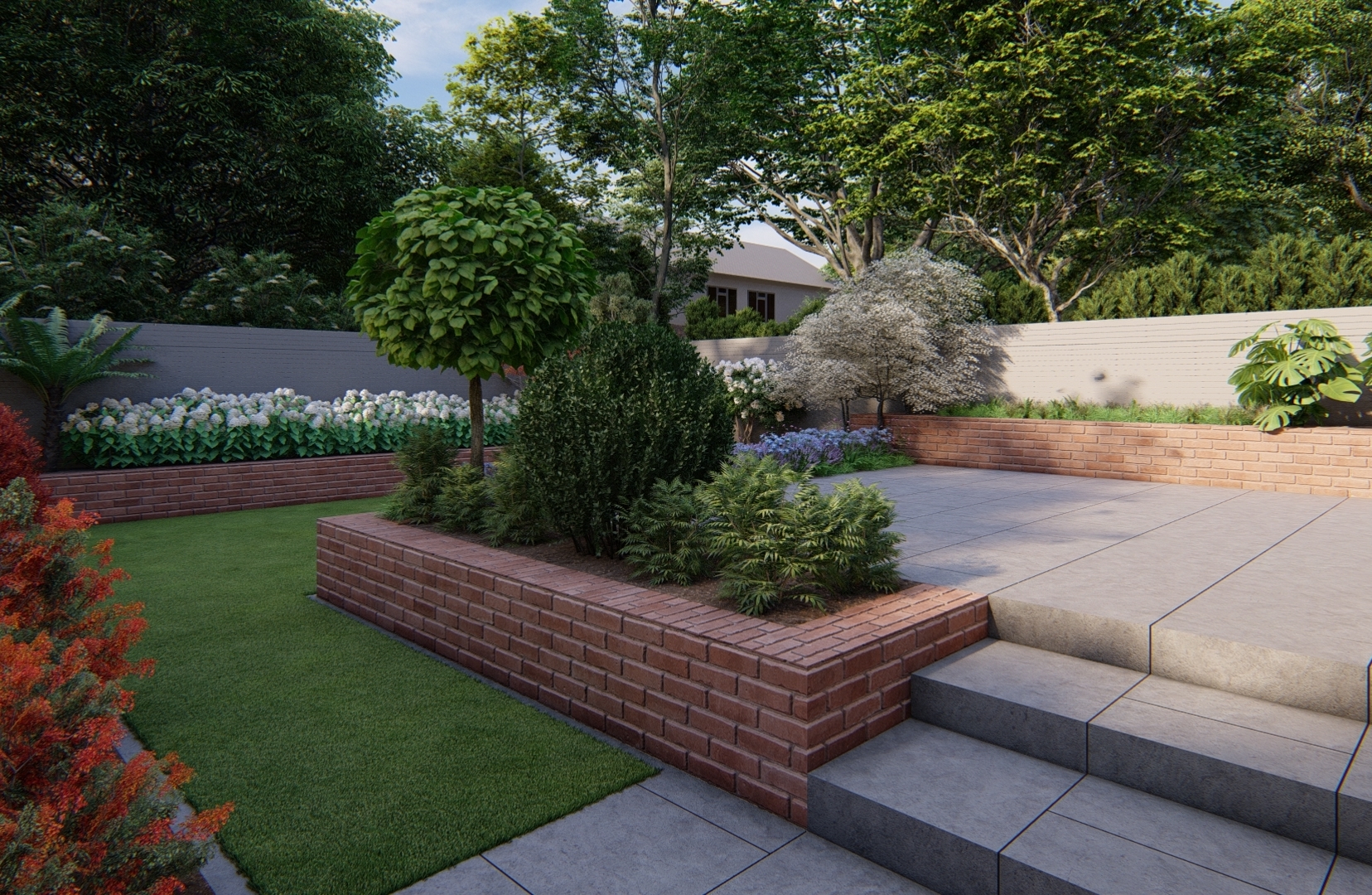 Family Garden Design in Templeogue, Dublin 6W featuring raised Patio, raised planting beds, custom made garden fencing and a colourful low maintenance planting scheme | Owen Chubb Garden Landscapers