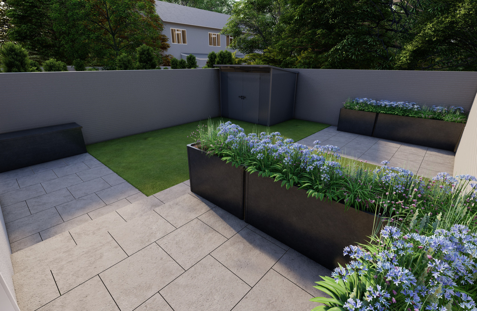 Family Garden Design in Templeogue, Dublin 6W with emphasis on optimising play space and limiting practical Patio options, Biohort Garden Shed, Biohort Garden Planters & custom made garden fencing  | Owen Chubb Garden Landscapers