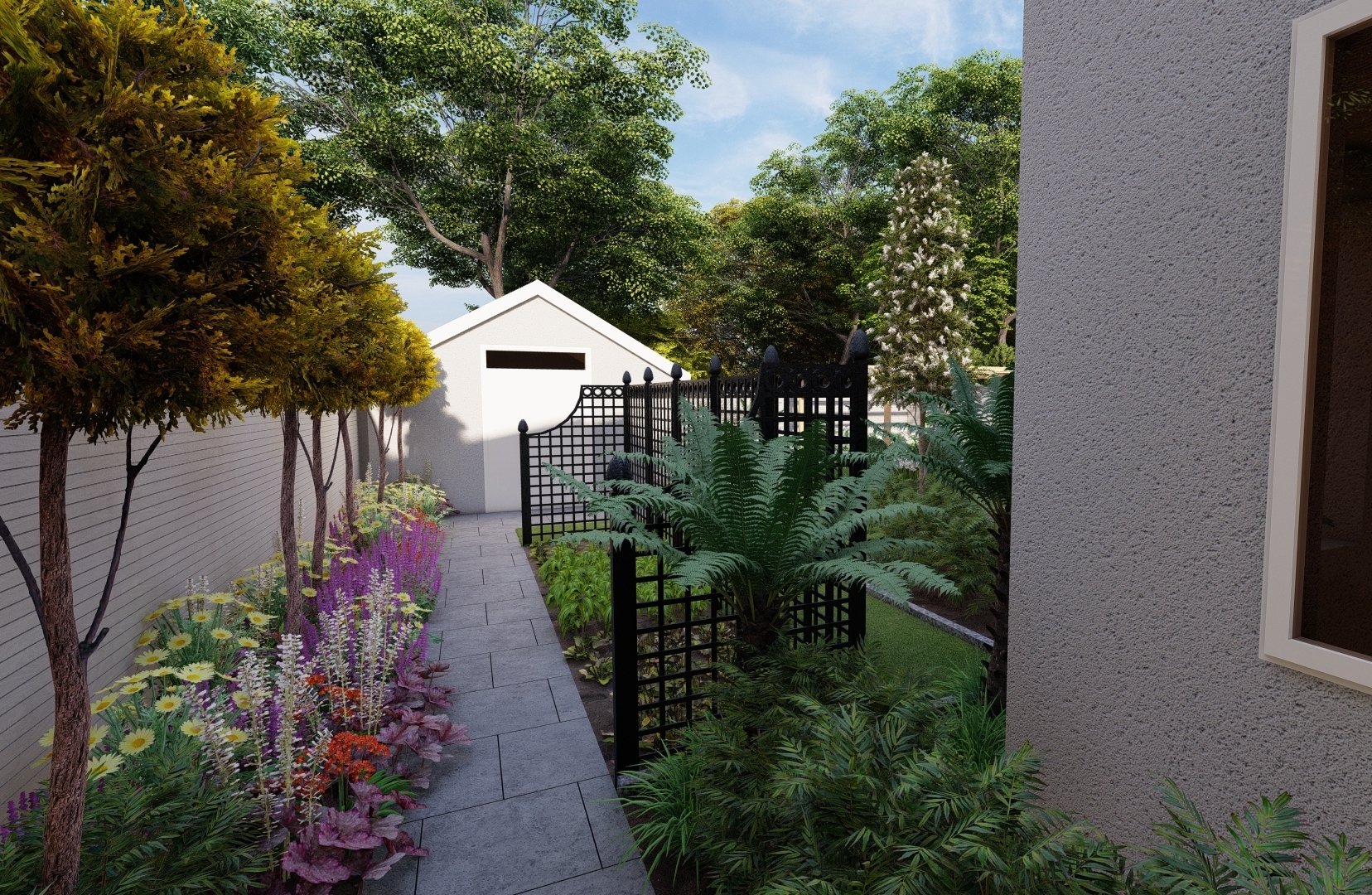 Family Garden Design in Terenure, Dublin 6W with Bespoke Fencing and custom made steel garden Trellis screens separating ornamental and vegetable growing spaces | Owen Chubb Garden Landscapers, Tel 087-2306128