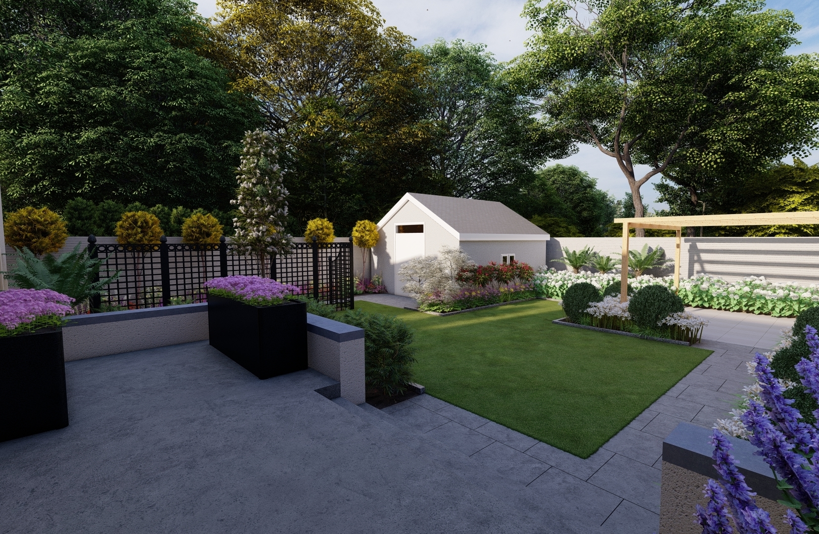 Family Garden Design in Terenure, Dublin 6W with Bespoke Fencing and custom made steel garden Trellis screens separating ornamental and vegetable growing spaces | Owen Chubb Garden Landscapers, Tel 087-2306128