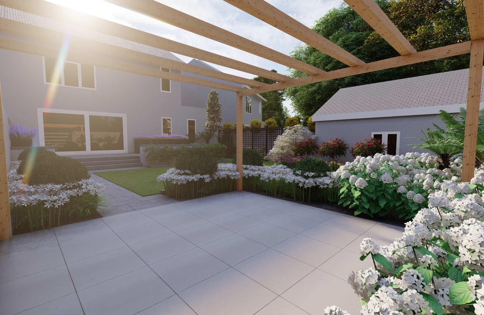 Family Garden Design in Terenure, Dublin 6W with Bespoke Pergola, Fencing and custom made steel garden Trellis screens separating ornamental and vegetable growing spaces | Owen Chubb Garden Landscapers, Tel 087-2306128