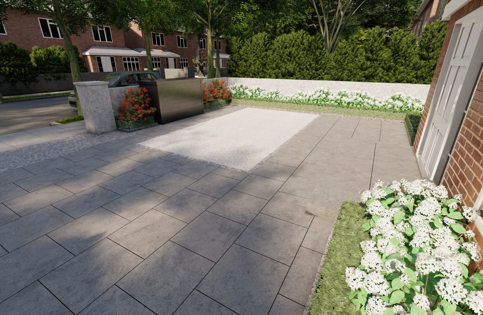 Front Garden & Driveway Design featuring Limestone & Granite paving, Biohort HighBoard Wheelie Bin Storage Unitin Dartry, Dublin 6 | Owen Chubb Garden Landscapers, Tel 087-2306128