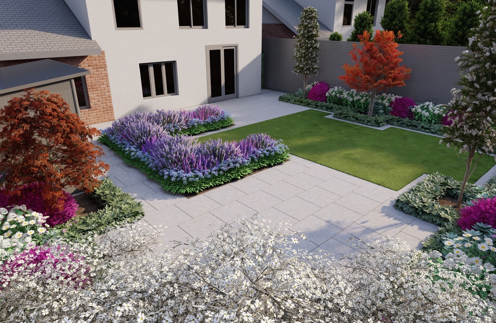 Colourful yet low maintenance planting schemes are a feature of this Family Garden Design in Dunshaughlin, Co Meath | Owen Chubb Garden Landscapers, Tel 087-2306128