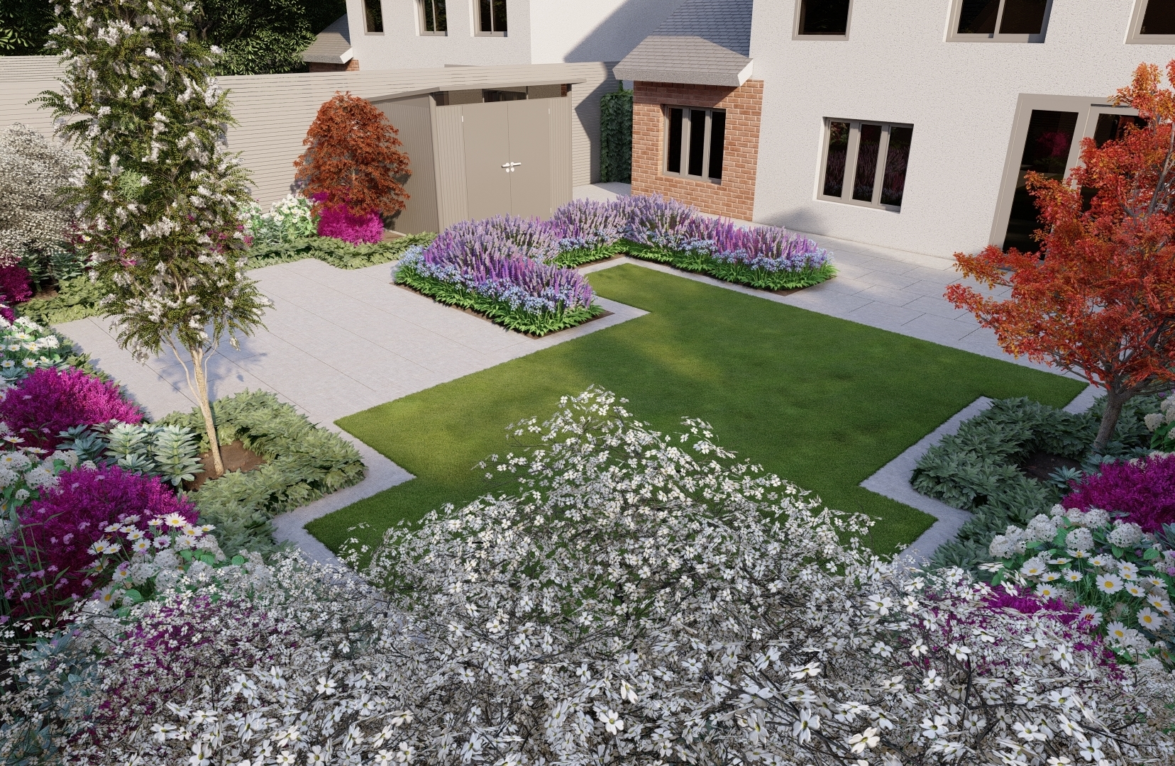 Colourful yet low maintenance planting schemes are a feature of this Family Garden Design in Dunshaughlin, Co Meath | Owen Chubb Garden Landscapers, Tel 087-2306128