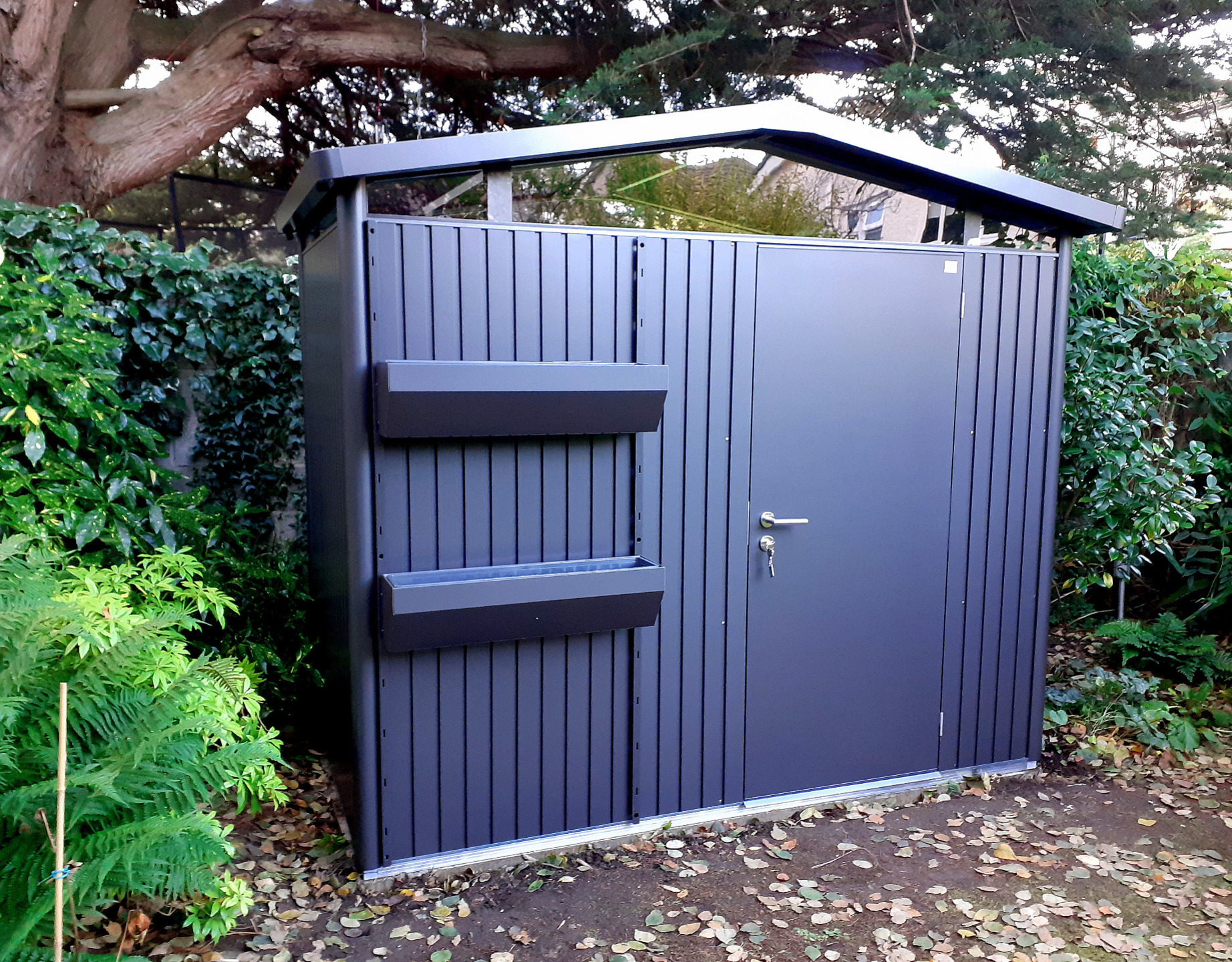 The Biohort Panorama P1 Garden Shed in metallic dark grey with optional accessories including aluminium floor panels, FloraBord Planter, Folding table, LED light |`Supplied + Fitted in Rathfarnham, Dublin 14by Owen Chubb Tel 087 - 2306 128 | #1 for Biohort in Ireland