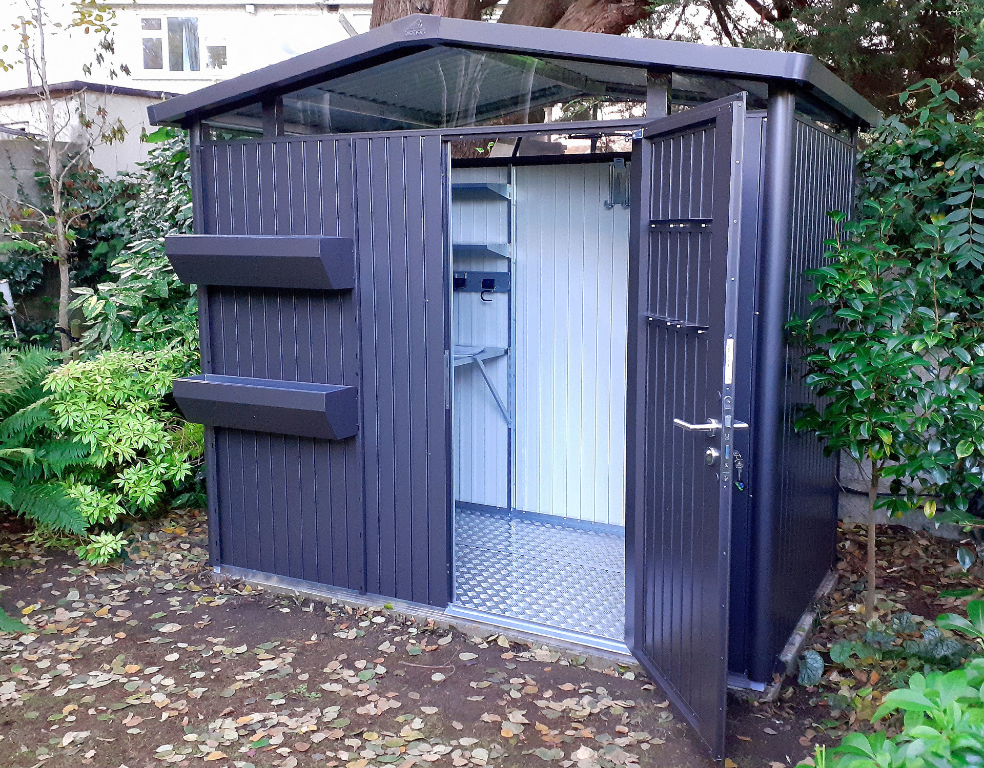 The Biohort Panorama P1 Garden Shed in metallic dark grey with optional accessories including aluminium floor panels, FloraBord Planter, Folding table, LED light |`Supplied + Fitted in Rathfarnham, Dublin 14by Owen Chubb Tel 087 - 2306 128 | #1 for Biohort in Ireland
