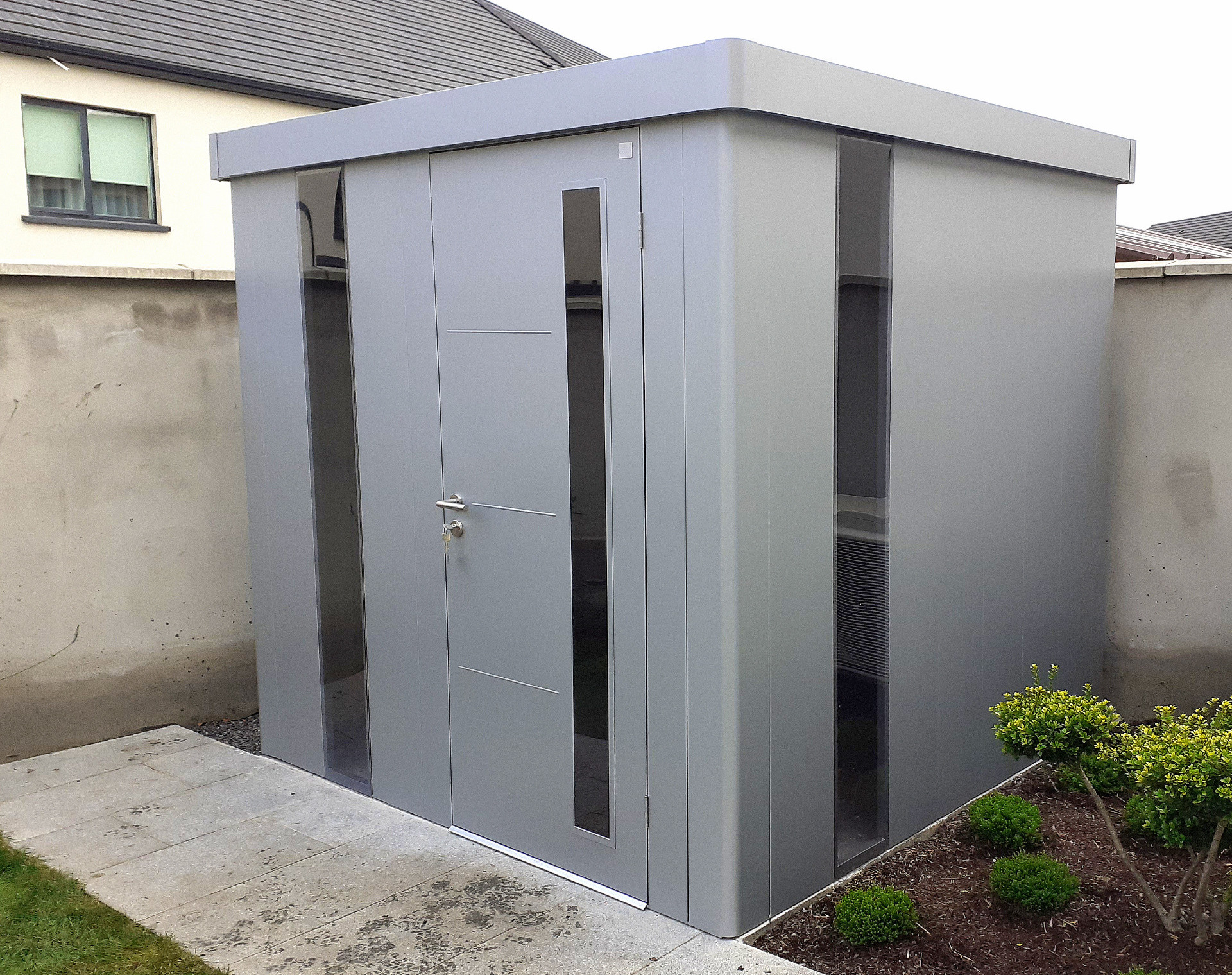Biohort NEO 2B Garden Shed  in metallic silver | Supplied + Fitted in Portmarnock, Dublin  13  by Owen Chubb Landscapers, Ireland's # 1 Supplier & Installer of Biohort Garden Sheds & Storage Solutions