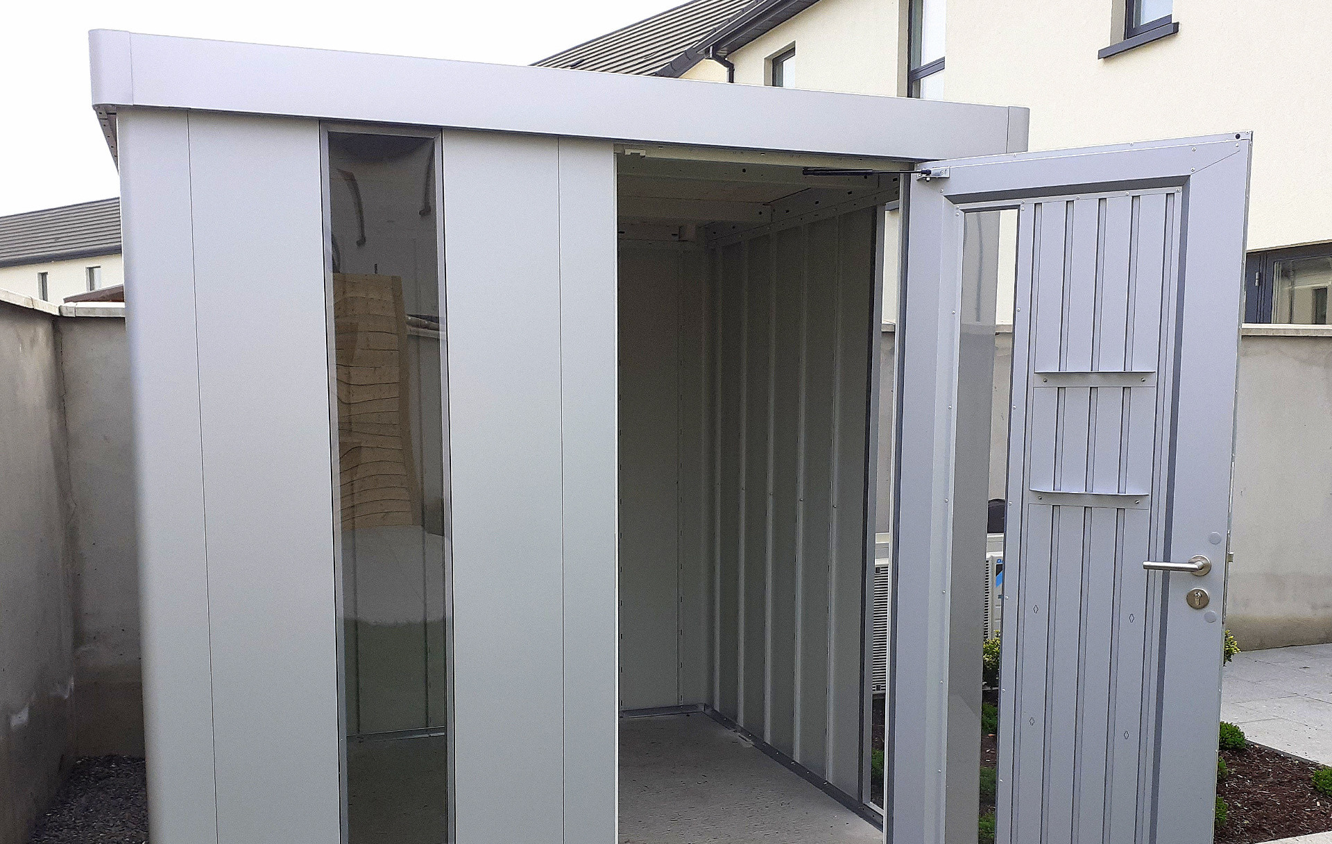 Biohort Neo in metallic silver, Size 2B. The most advanced contemporary steel garden shed available. Prices from € 2,300.00  | supplied + fitted by Owen Chubb Landscapers
