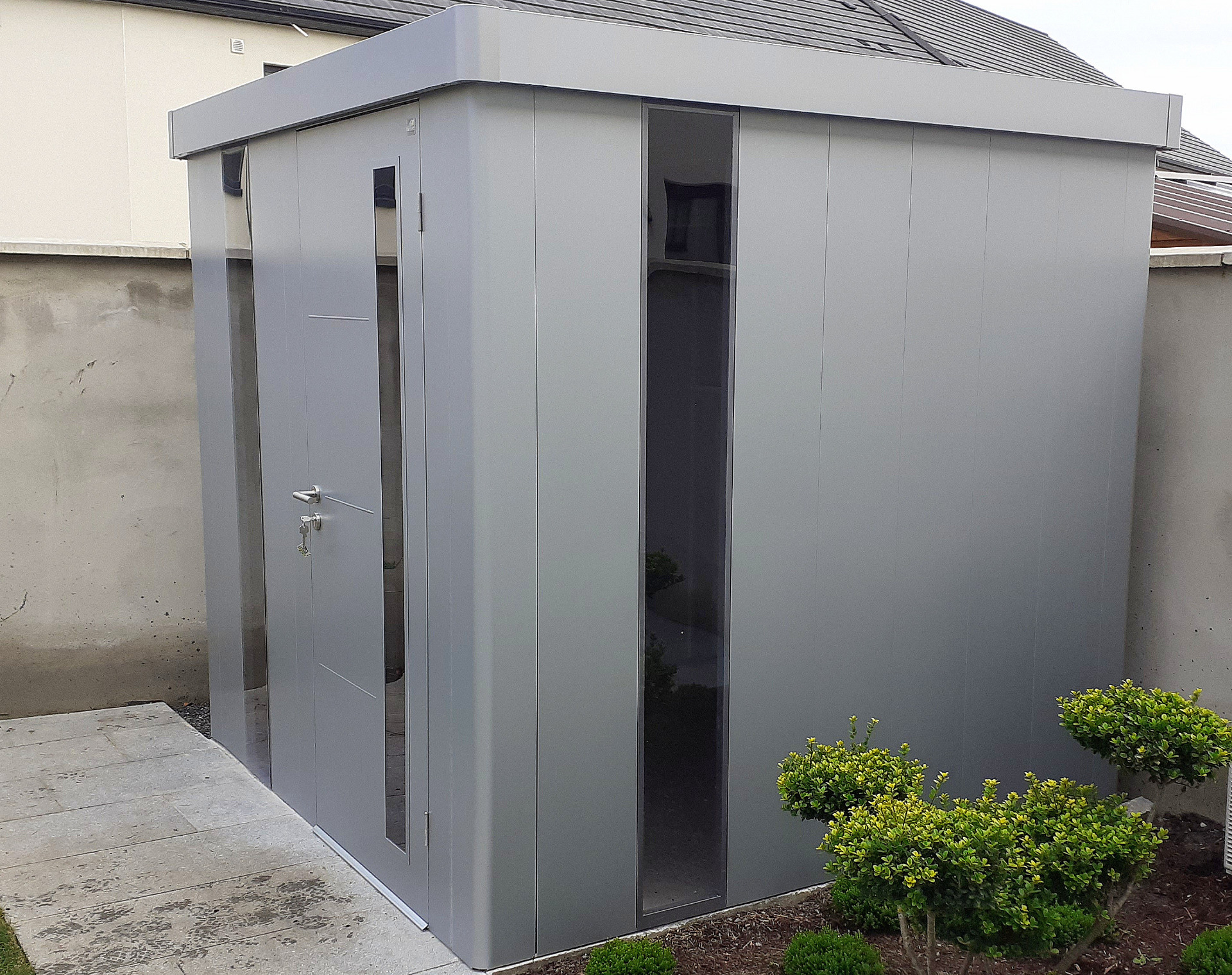 Biohort NEO 2B Garden Shed  in metallic silver | Supplied + Fitted in Portmarnock, Dublin  13  by Owen Chubb Landscapers, Ireland's # 1 Supplier & Installer of Biohort Garden Sheds & Storage Solutions