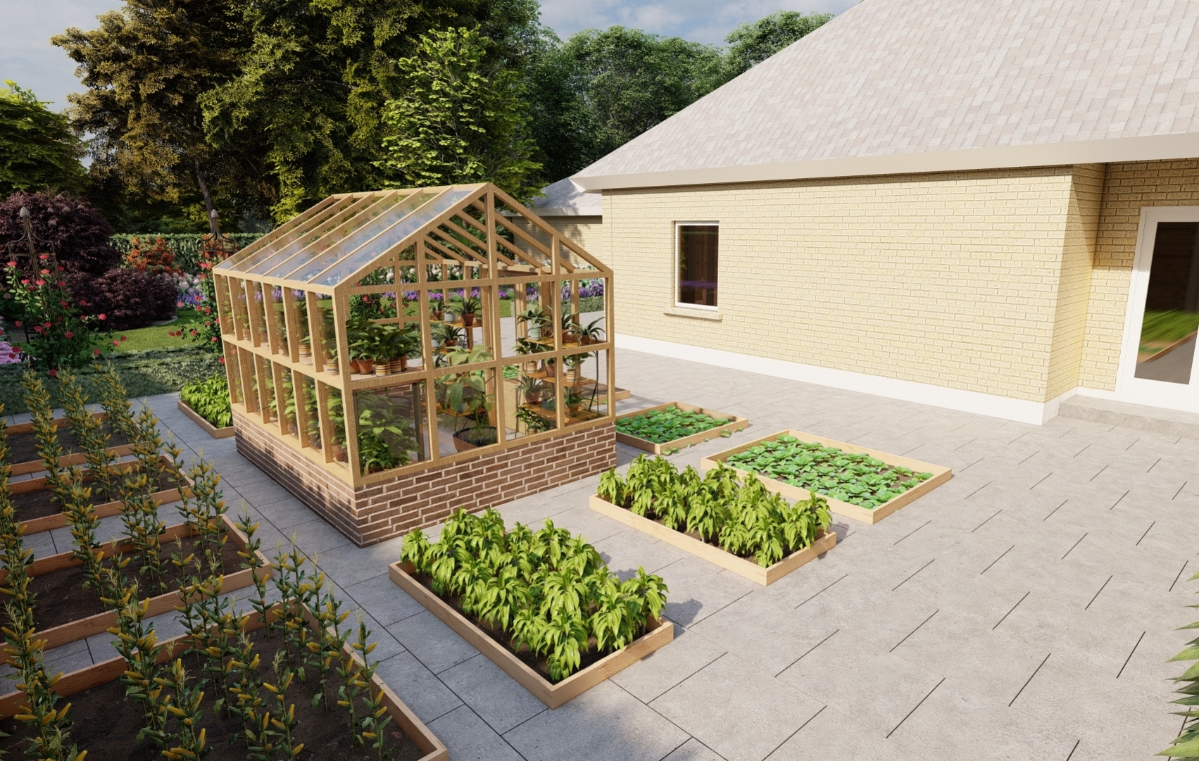 The stunning Greenhouse is the centrepiece in  the Kitchen Garden area with a generous selection of simple raised edged growing/planting beds