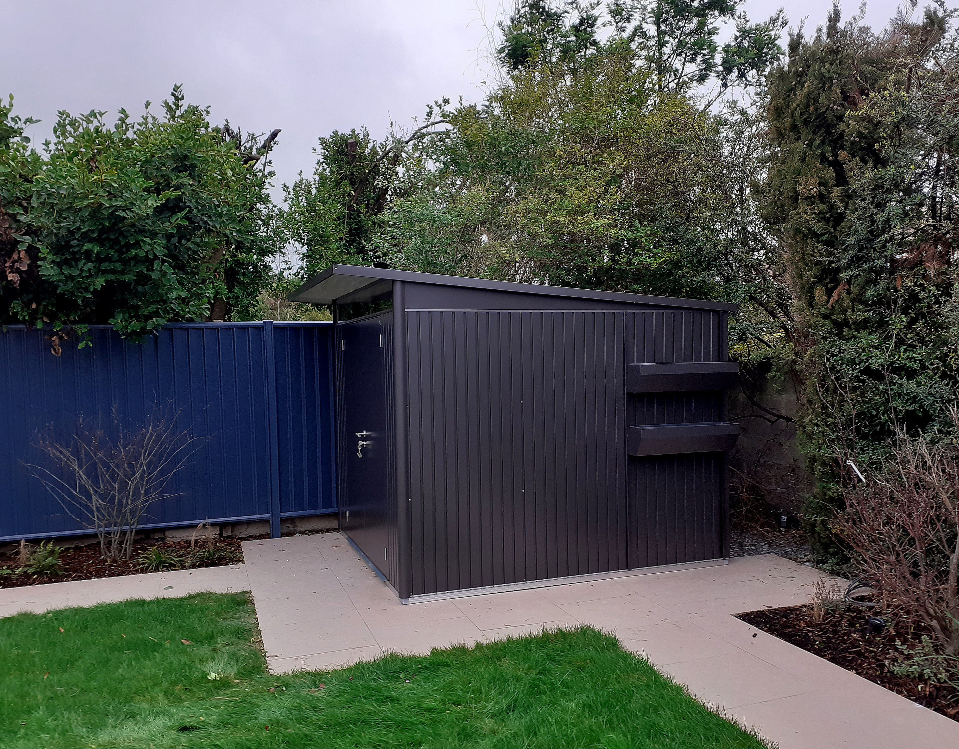 Biohort AvantGarde A7 Garden Shed in metallic dark grey with double doors, supplied & fitted in Blackrock, Co Dublin  | Owen Chubb Ireland's Leading supplier of Biohort Garden Sheds & Storage Solutions | Supplied + Fitted Nationwide