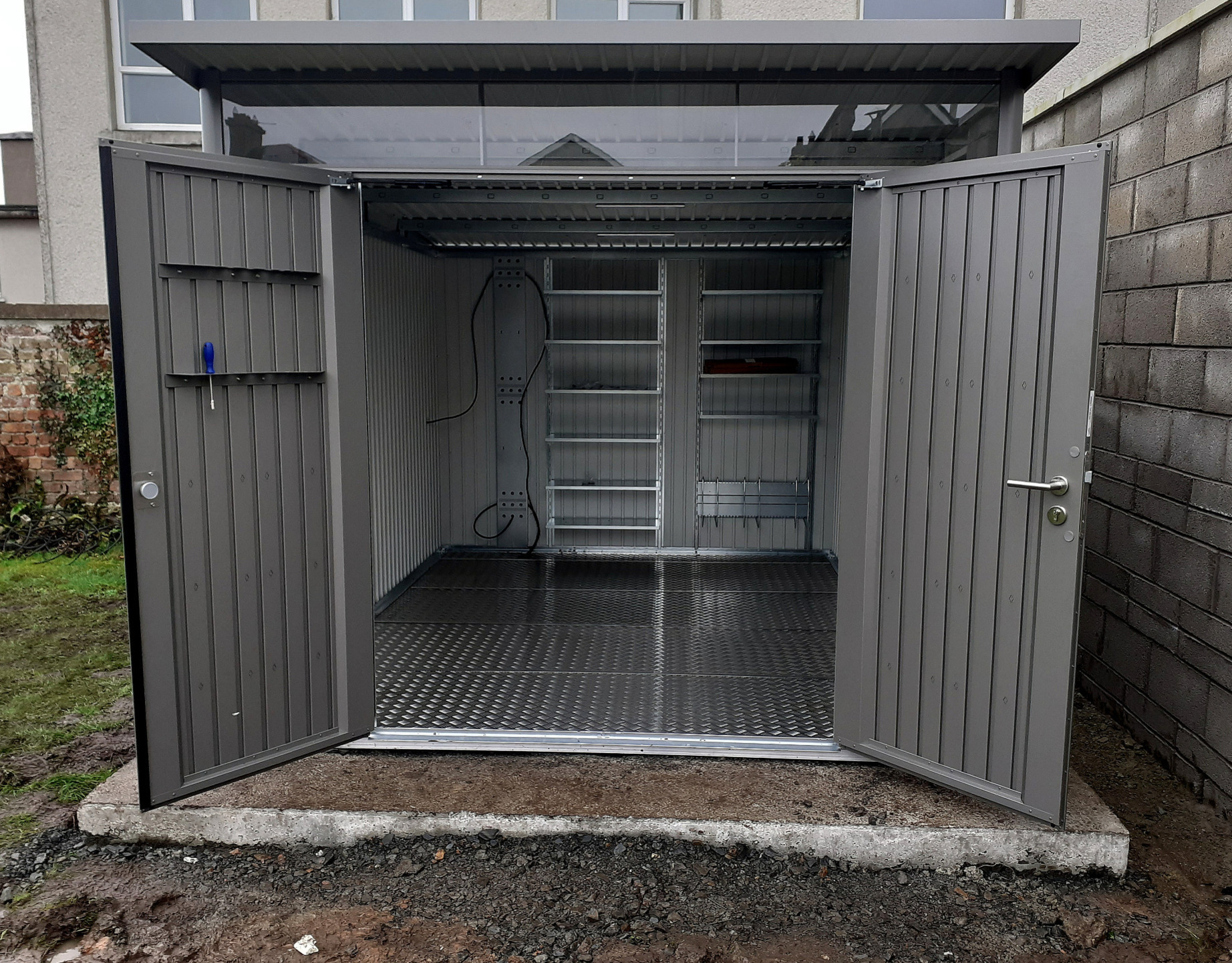 Biohort AvantGarde A8 Garden Shed in metallic quartz grey with double doors, supplied & fitted in Limerick | Owen Chubb Ireland's Leading supplier of Biohort Garden Sheds & Storage Solutions | Supplied + Fitted Nationwide