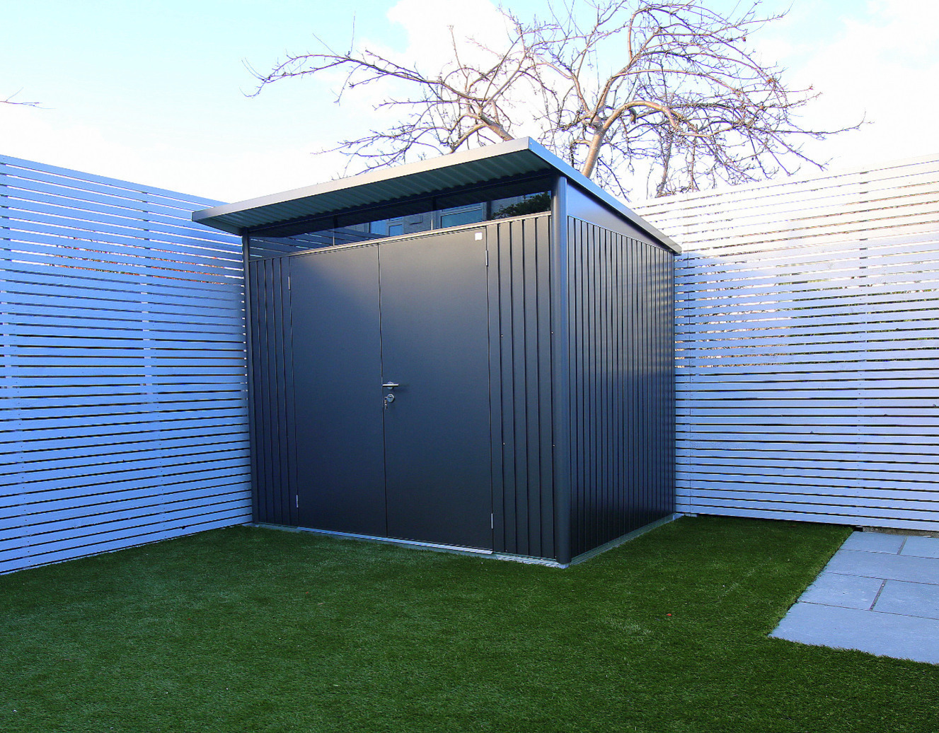 The Biohort AvantGarde A5 in metallic dark grey with double doors is contemporary garden shed storage at its best. Supplied + Fitted in Templeogue, Dublin 6W  | Owen Chubb Garden Landscapers - Ireland's #1 Biohort Dealer for  Value & Service. Tel 087-2306 128