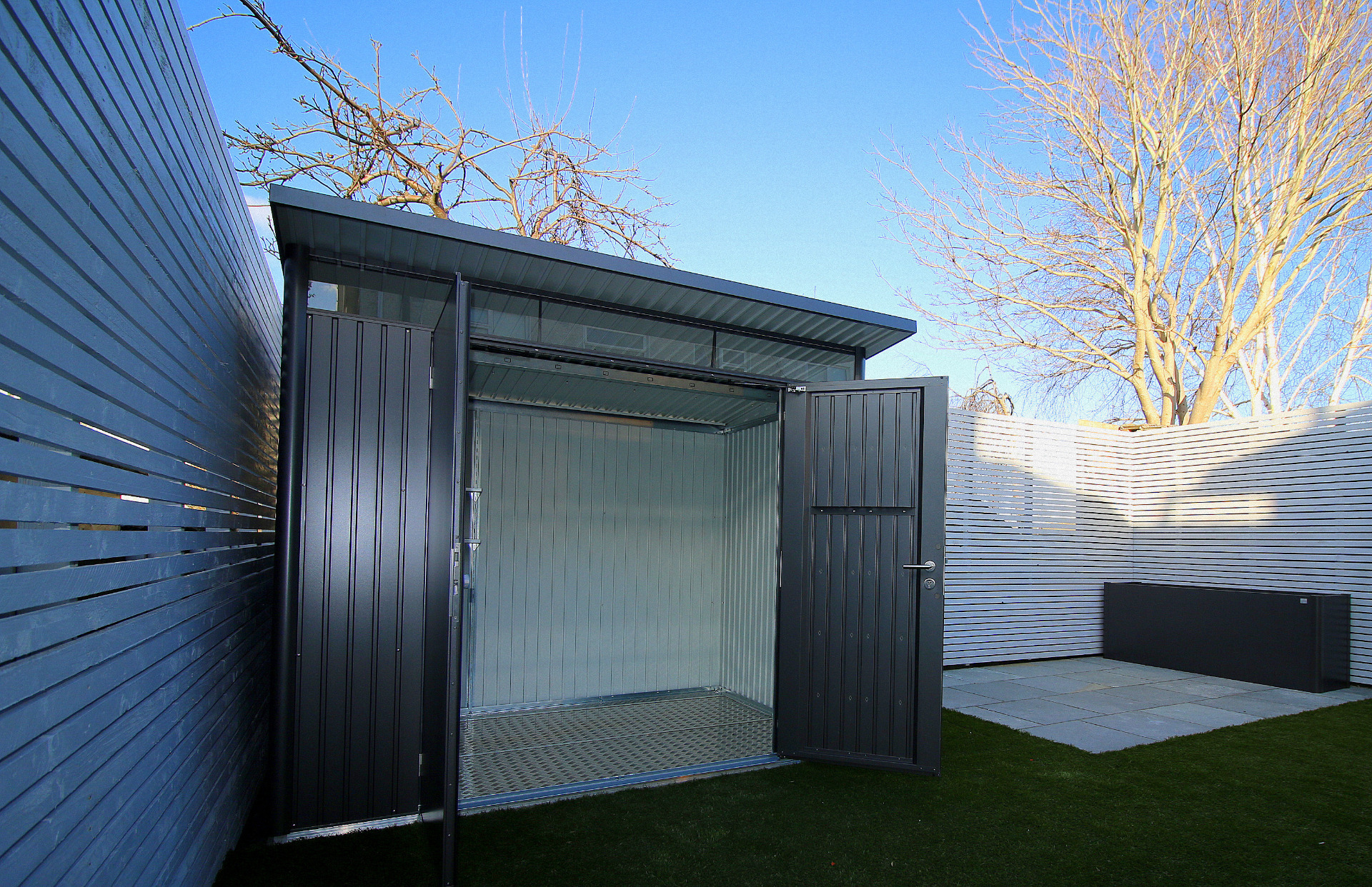 Biohort AvantGarde A5 Garden Shed in metallic dark grey with double doors - supplied + fitted in Templeogue, Dublin 6W  | Owen Chubb Garden Landscapers, Tel 087-2306128.