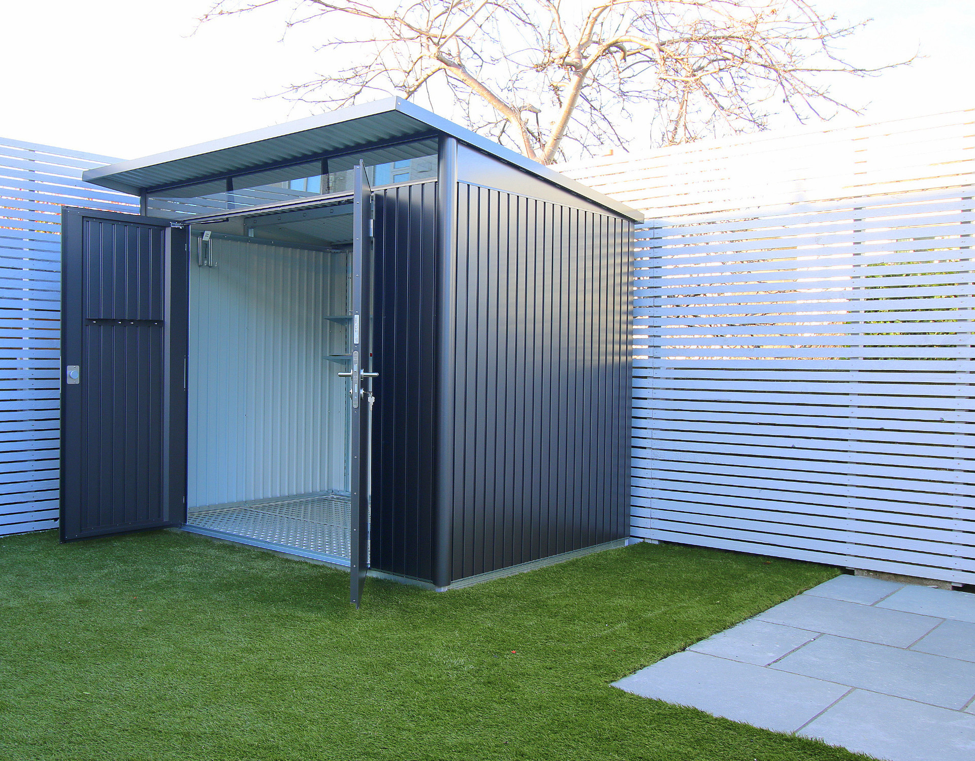 The Biohort AvantGarde A5 in metallic dark grey with double doors is contemporary garden shed storage at its best. Supplied + Fitted in Templeogue, Dublin 6W  | Owen Chubb Garden Landscapers - Ireland's #1 Biohort Dealer for  Value & Service. Tel 087-2306 128