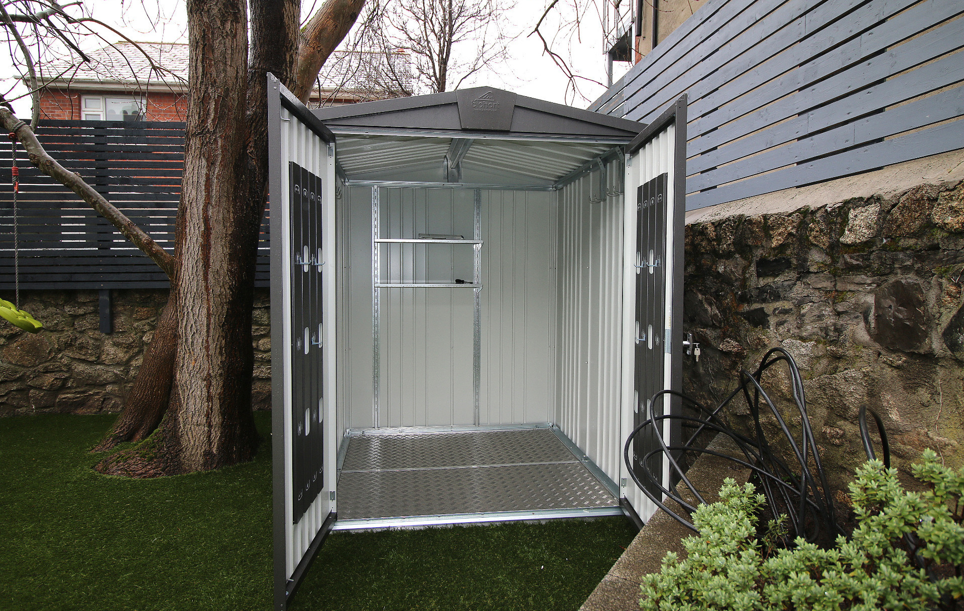 Biohort Europa Garden Shed Size 2 | Dublin's BEST Prices (+ FREE installation) - CALL NOW to order  | in metallic dark grey - supplied + fitted in Dublin 6 by Owen Chubb Landscapers