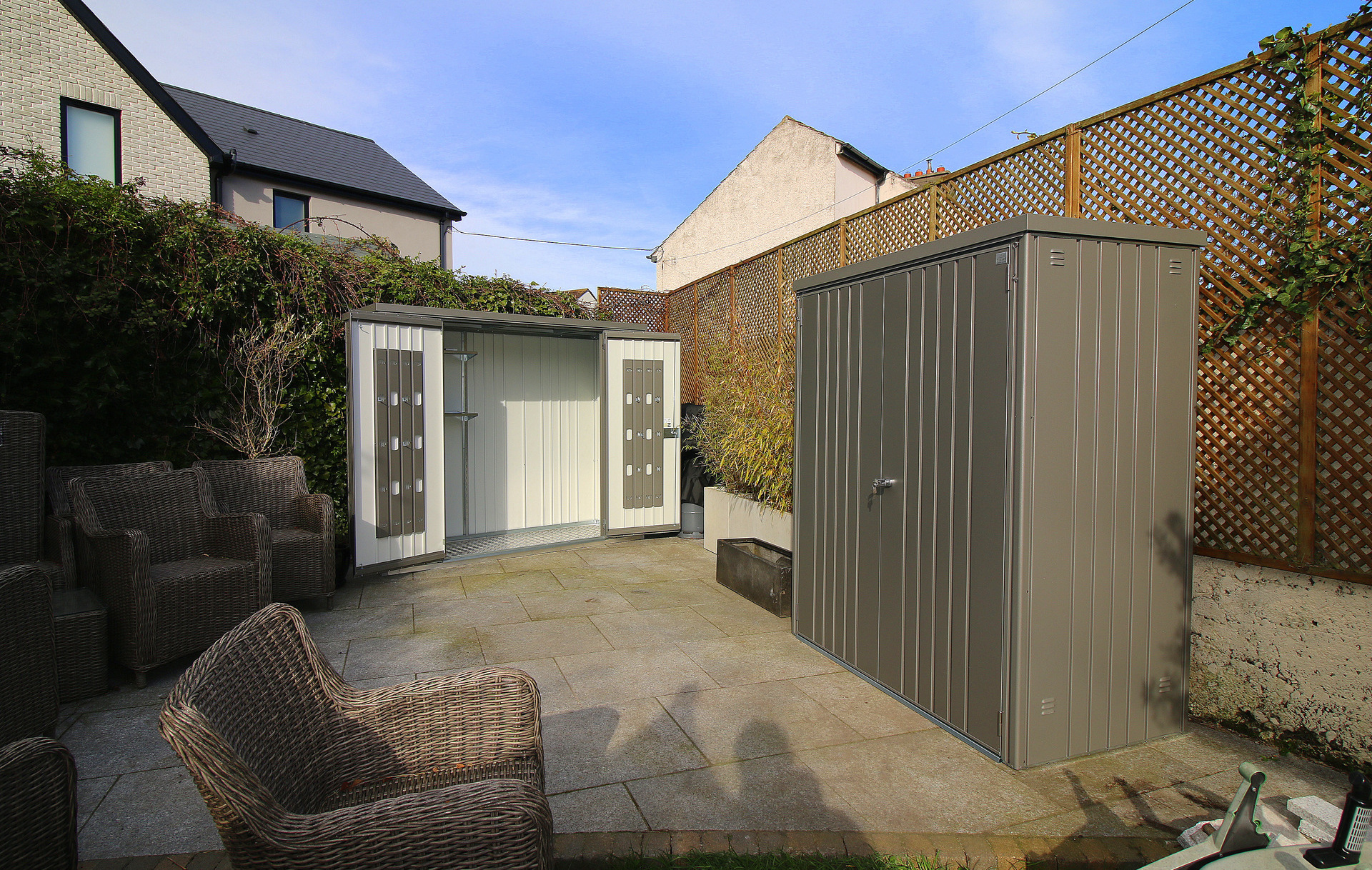 The superb quality and style of the Biohort Equipment Locker 230 in metallic quartz grey  with optional accessories including aluminium floor frame, aluminium floor panels | supplied + installed in Clontarf by Owen Chubb Landscapers. Tel 087-2306 128.