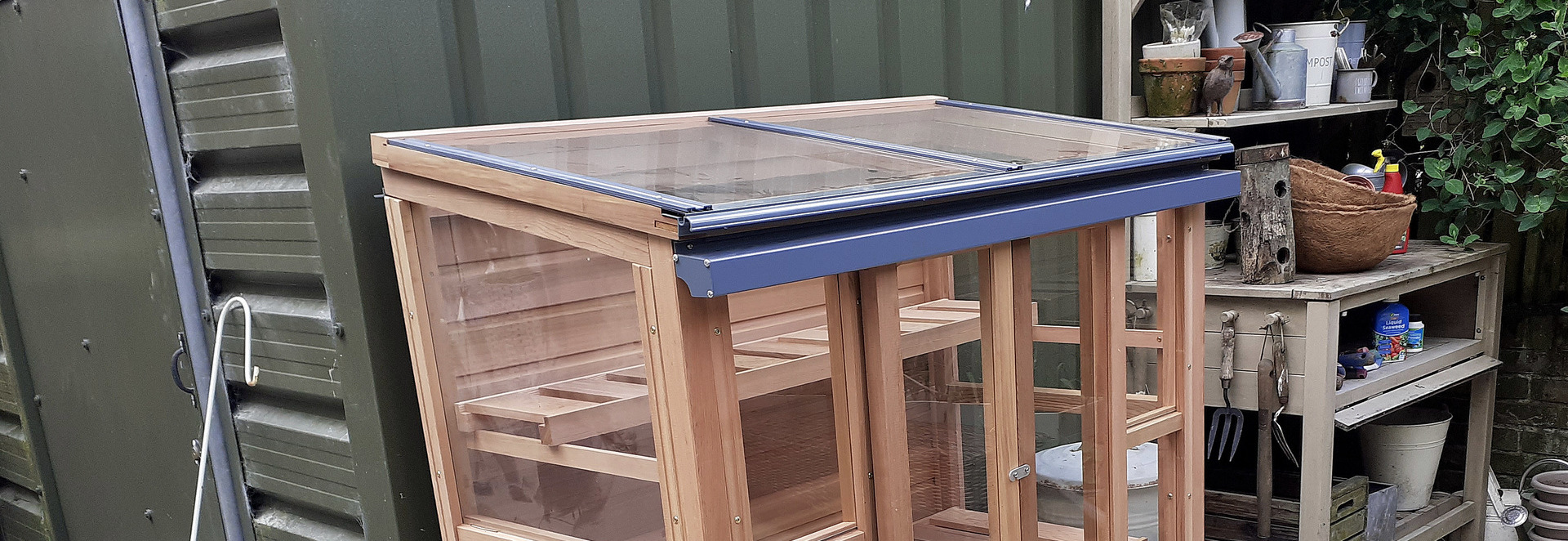 The Gabriel Ash Grand Upright Coldframe made with Western Red Cedar with two toughened glass lids and sliding doors | Supplied + fitted in Newbridge, Co Kildare.  Owen Chubb 087-2306 128