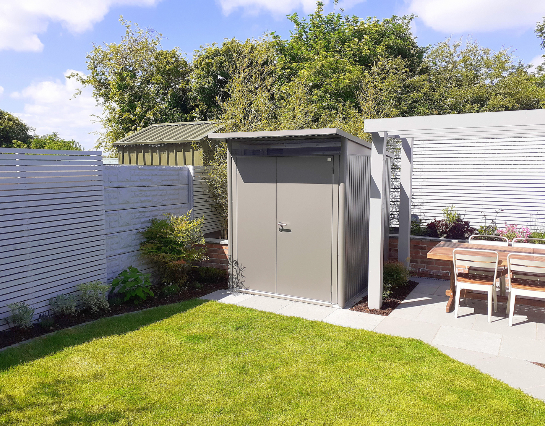 Biohort AvantGarde A2 in metallic quartz grey with optional accessories including double doors, aluminium floor frame & aluminium floor panels | Supplied + Fitted in Ashbourne, by Owen Chubb Landscapers, Tel 087-2306 128