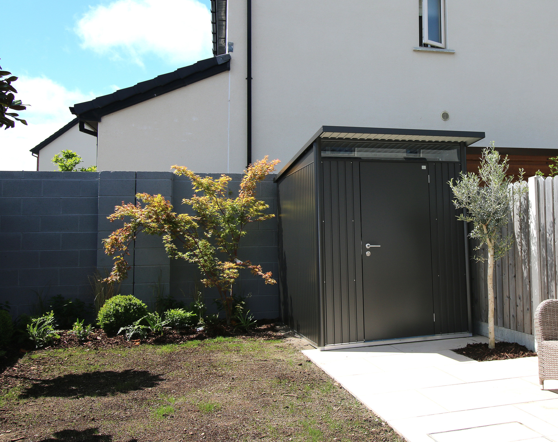 Biohort AvantGarde A2 Garden shed in metallic dark grey, a stunning example of contemporary garden shed design & build quality. Supplied + Fitted in Dublin 12.