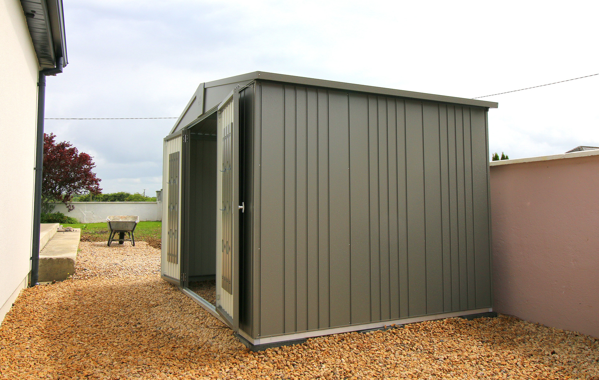 Biohort Europa Garden Shed, Size 5 in metallic quartz grey - supplied + fitted in Athlone, Co Westmeath  by Owen Chubb Landscapers
