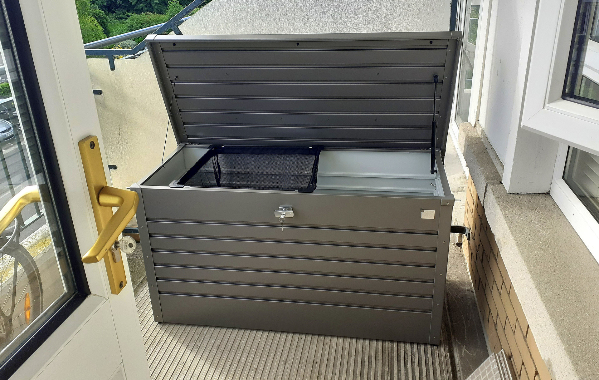 The Biohort LeisureTime Storage Box Size 180 in metallic quartz grey  | installed on an Apartment Balcony, in Booterstown, Co Dublin | ON SALE with FREE Installation,  Tel 087-2306 128