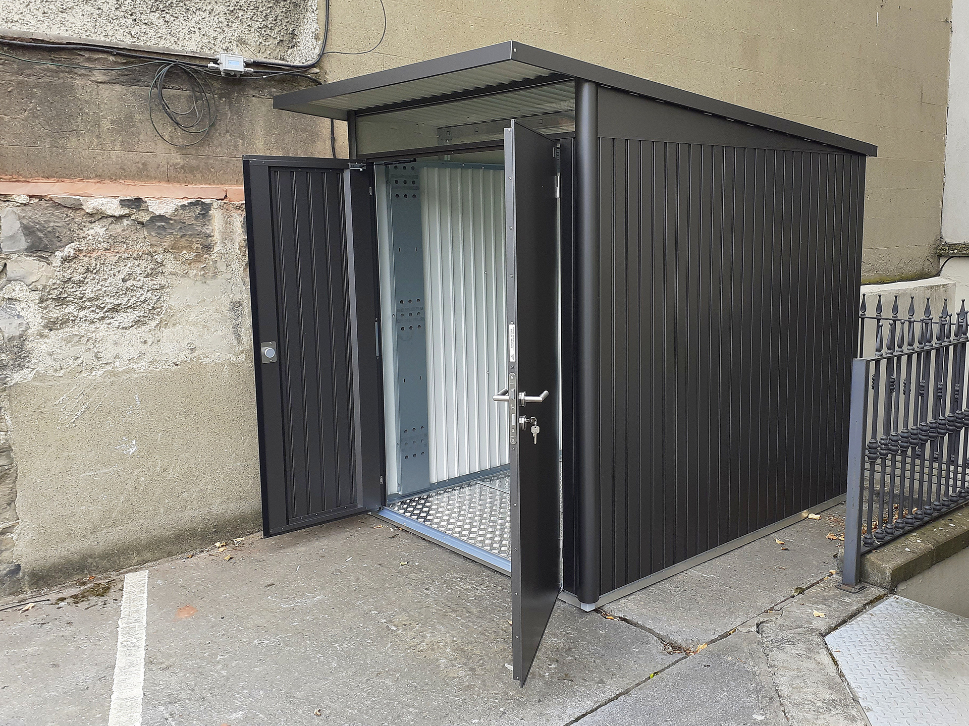 Biohort AvantGarde A2 Steel garden shed in metallic dark grey | The stylish & secure way to store your bikes, garden items