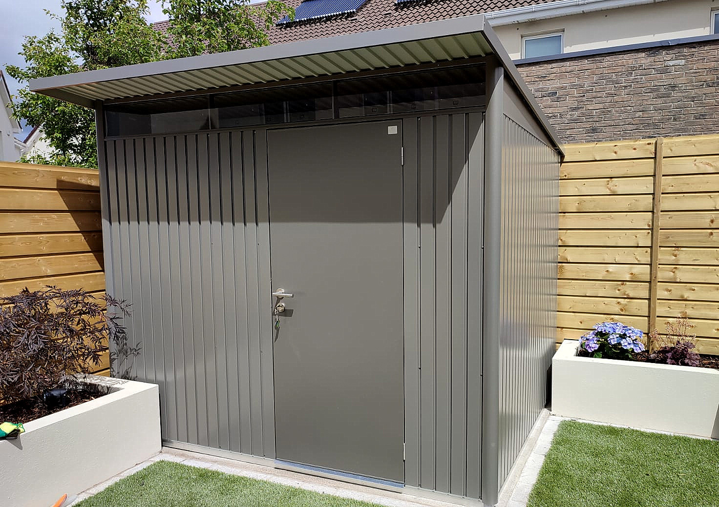 The stunning Biohort AvantGarde A6 garden shed in metallic quartz grey, supplied + fitted in Carpenterstown, Dublin 15  | Owen Chubb Garden Landscapers, Ireland's #1 Biohort Dealer offering unbeatable value and full supply + fit services nationwide.