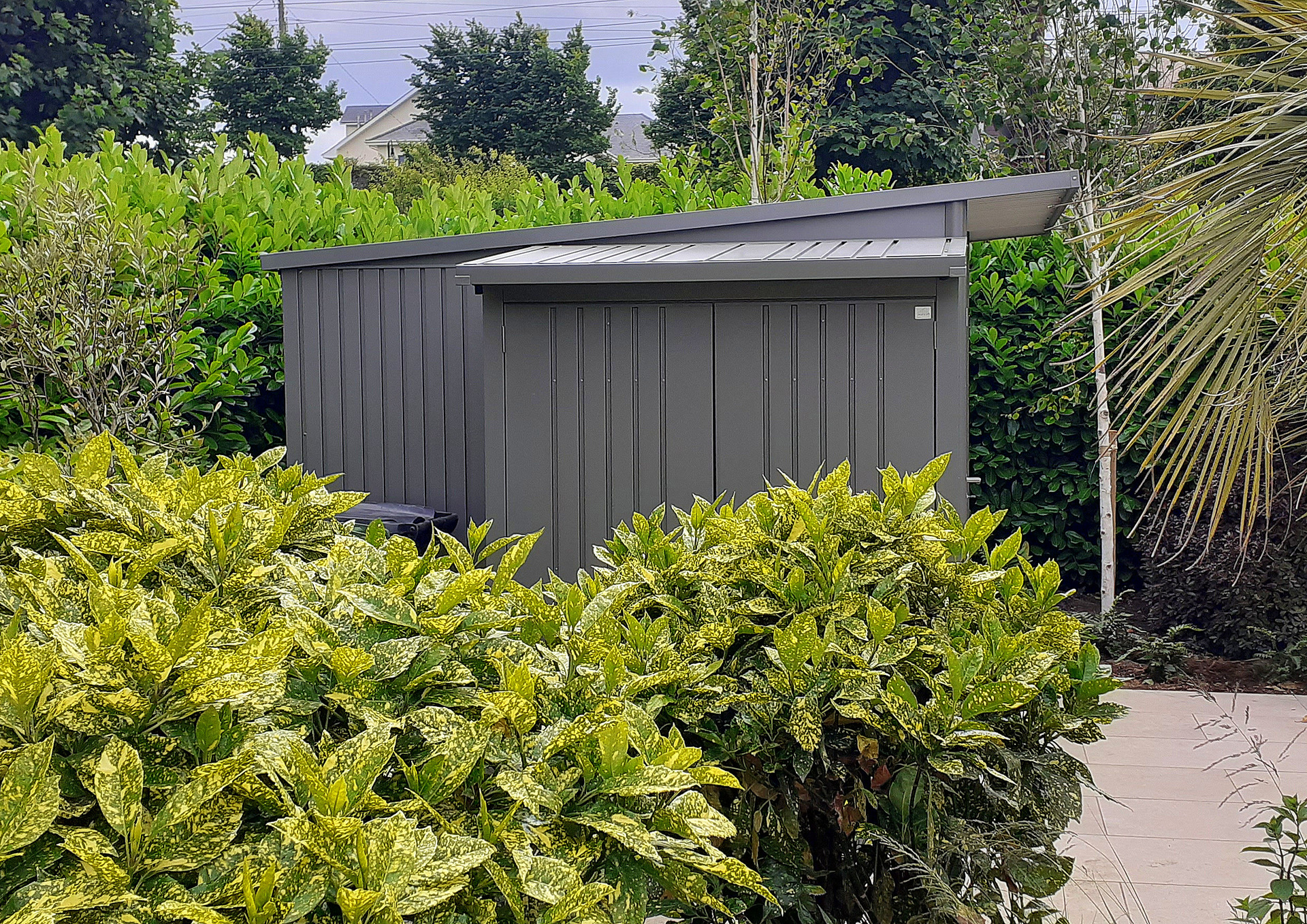 Biohort AvantGarde A7 Garden Shed and Biohort Woodstock 150 Log Storage Unit - supplied + fitted in Sutton, Dublin 3 | Owen Chubb Garden Landscapers