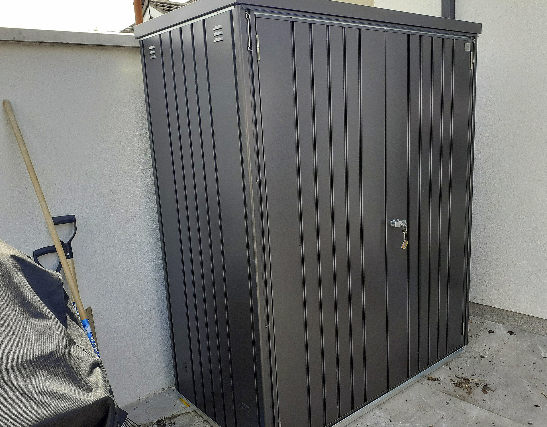 Biohort Equipment Locker Size 150 in metallic dark grey, supplied & fitted in Goatstown, Co Dublin | Owen Chubb Ireland's Leading supplier of Biohort Garden Sheds & Storage Solutions | Supplied + Fitted Nationwide