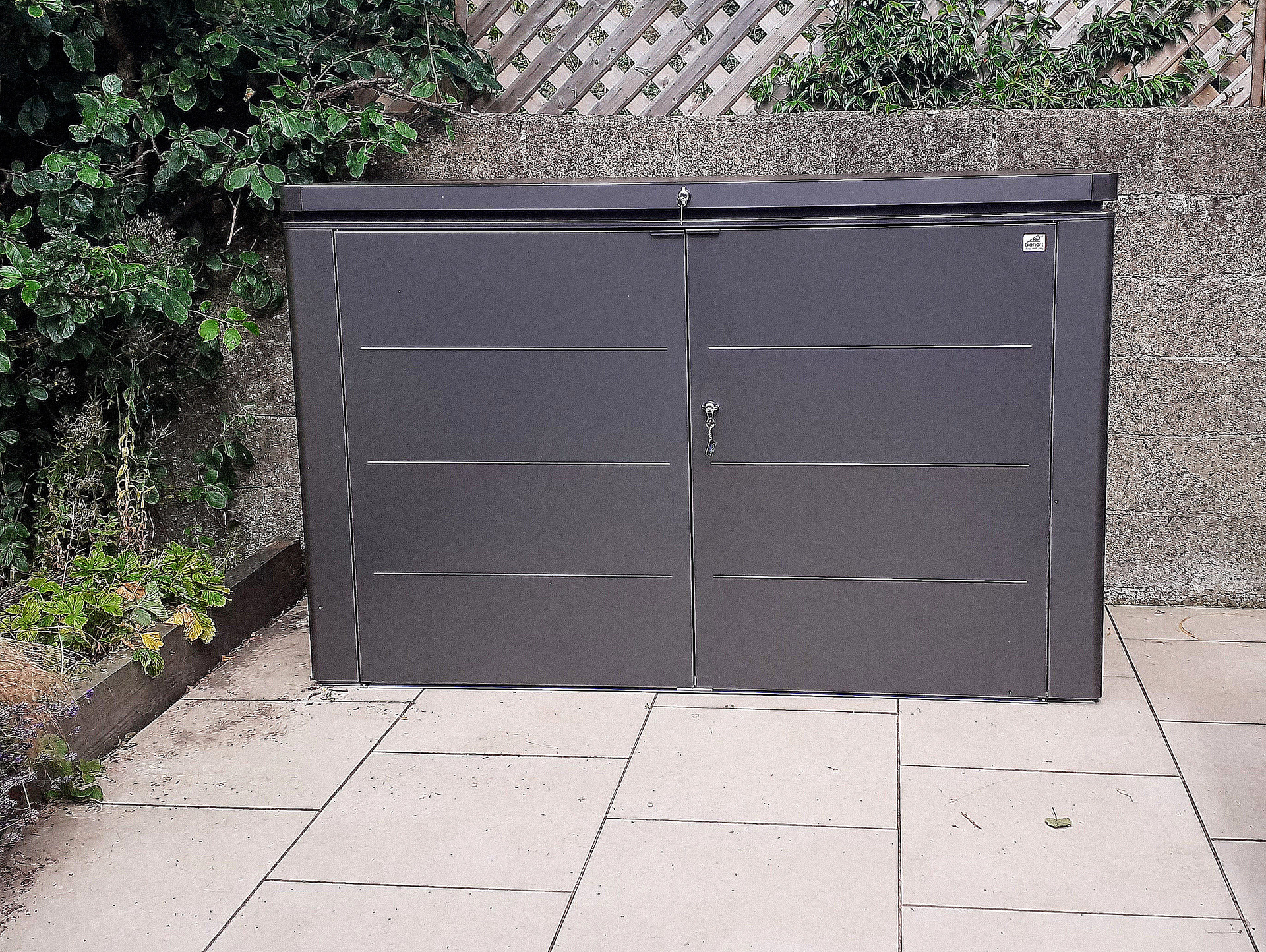 Biohort HighBoard 200 Garden Storage Unit in metallic dark grey, supplied + fitted in Blackrock, Co Dublin  | Owen Chubb Garden Landscapers