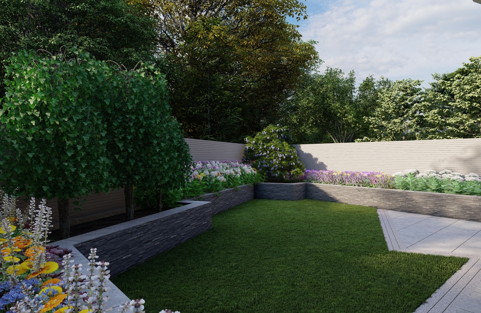 Design Visuals for a lush, low maintenance featuring easy to access Raised Planter Beds, custom made Horizontal Slatted Timber Fencing, Limestone paving etc for a Family Garden in Drumcondra, Dublin 9.