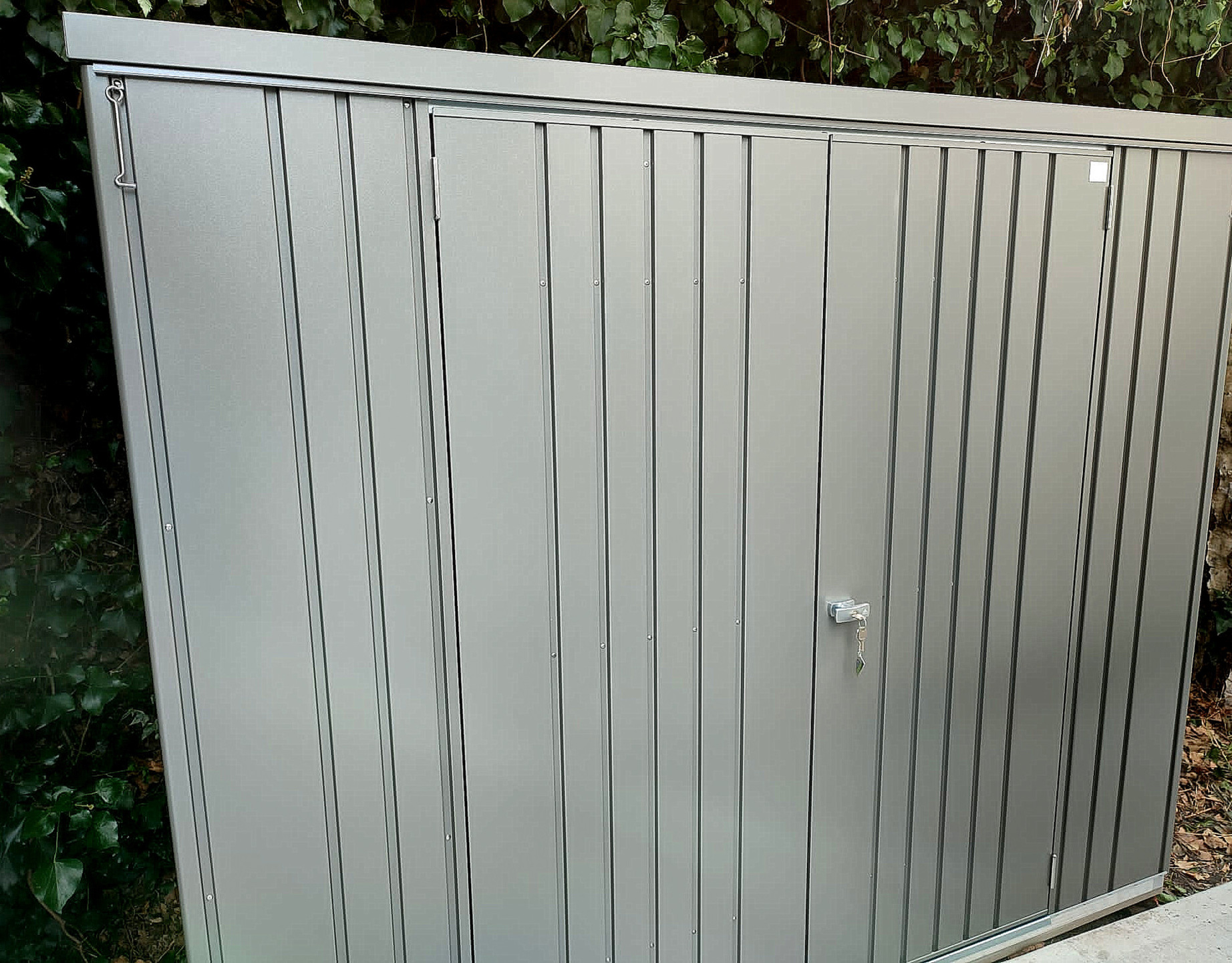 Biohort Equipment Locker Size 230 in metallic quartz grey, supplied & fitted in Maynooth, Co Kildare  | Owen Chubb Ireland's Leading supplier of Biohort Garden Sheds & Storage Solutions | Supplied + Fitted Nationwide