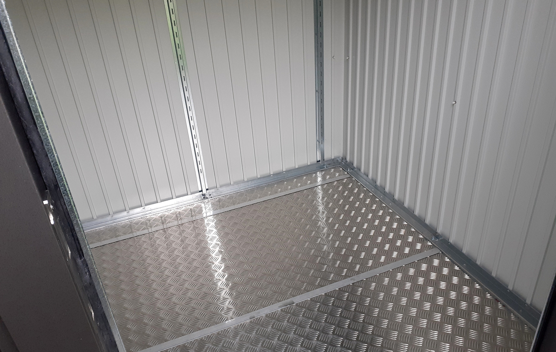The optional aluminium floor frame & floor panels, essential optional accessories for the Biohort AvantGarde A1 Steel Garden Shed, which was supplied + fitted in Leopardstow, Dublin 18 by Owen Chubb Landscapers, Ireland's #1 Biohort Dealer for Value & Service.