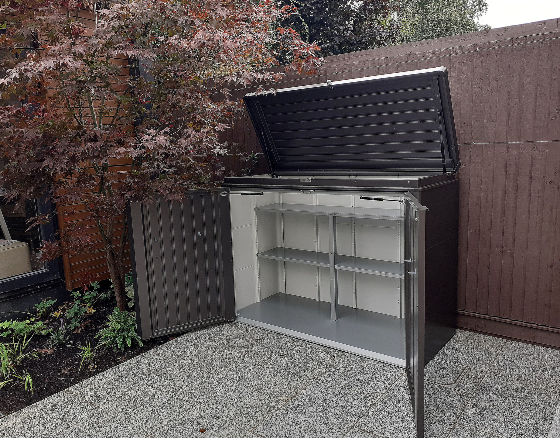 Biohort HighBoard 160 Garden Storage Unit in metallic dark grey fitted with optional intermediate shelving, supplied & fitted in Castleknock, Dublin 15   | Owen Chubb Ireland's Leading supplier of Biohort Garden Sheds & Storage Solutions | FREE Fitting in Dublin