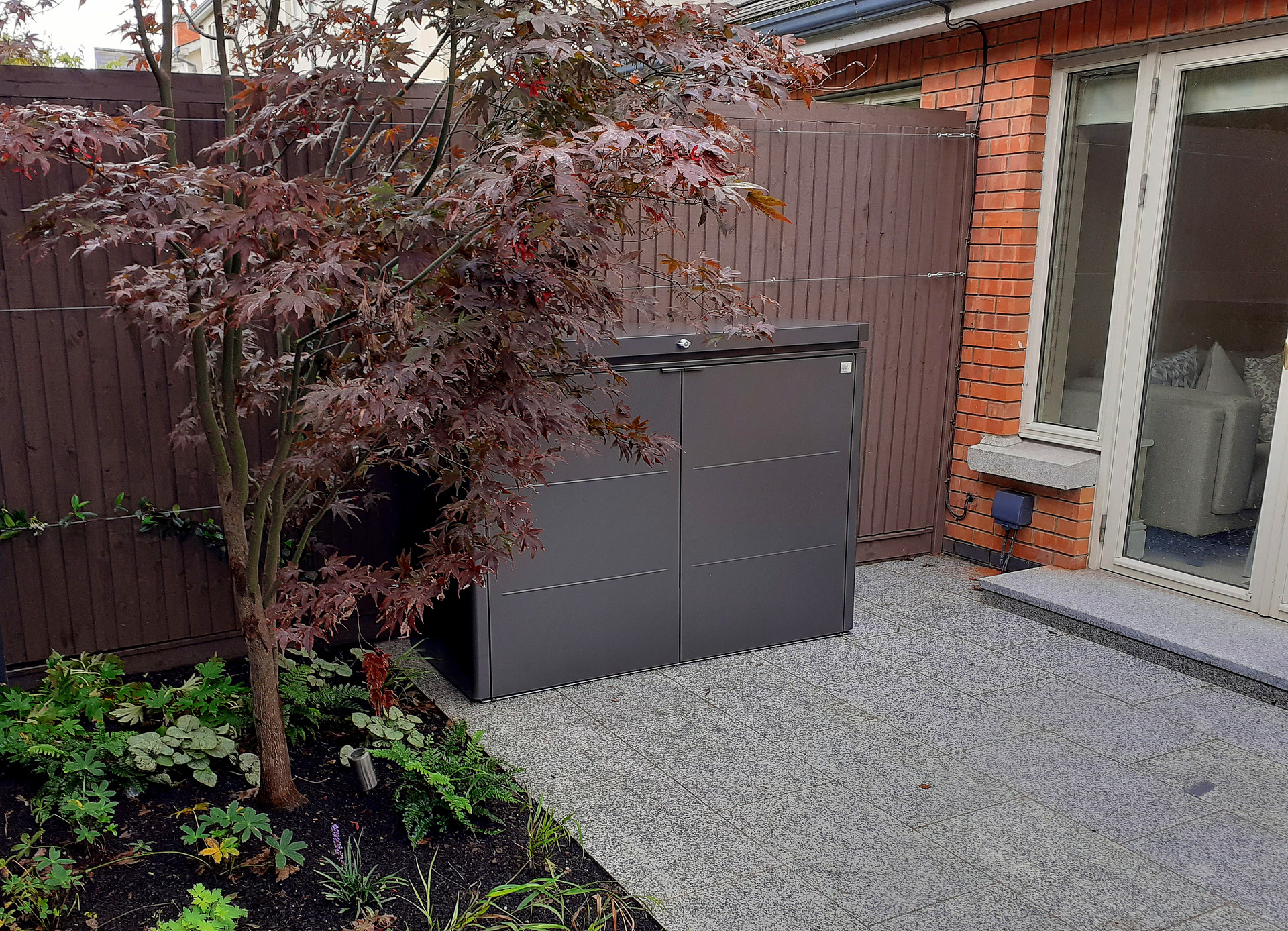 Biohort HighBoard 160 Storage Unit in metallic dark grey with optional intermediate shelving, supplied + fitted in Castleknock, Dublin  15 | Owen Chubb Garden Landscapers