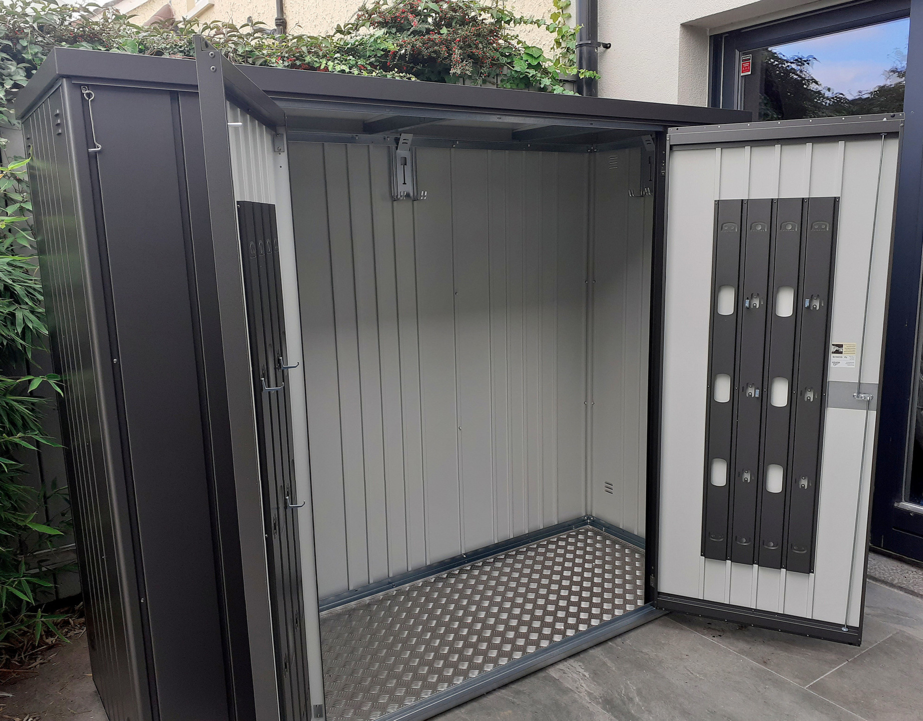 Biohort Equipment Locker 230 in metallic dark grey, supplied + fitted in Terenure, Dublin 6W | Stylish, Versatile, Secure & Rainproof Patio Storage Solutions | FREE Fitting