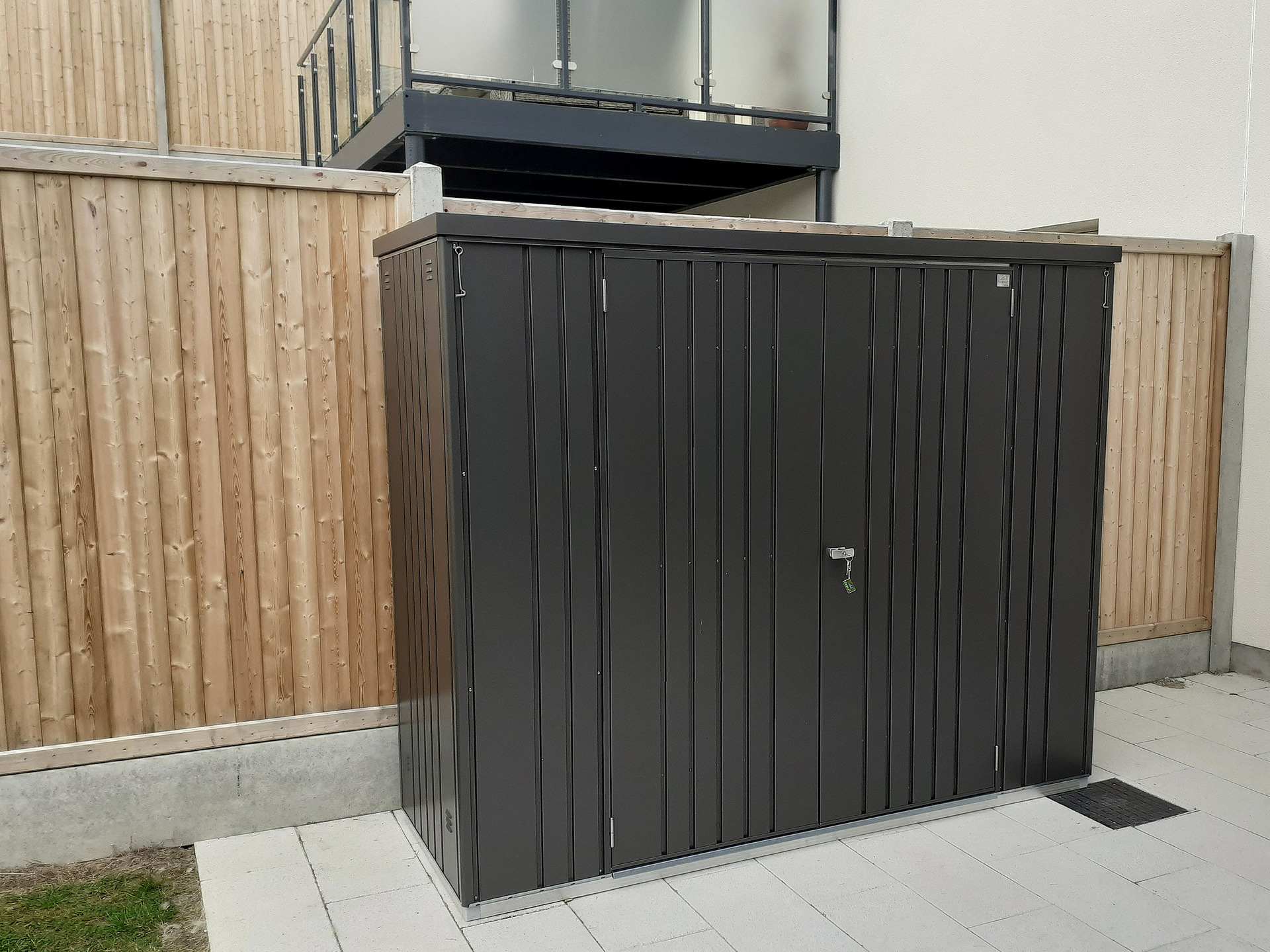The superb quality and style of the Biohort Equipment Locker 230 in metallic dark grey  with optional accessories including aluminium floor frame  | supplied + installed in Naas, Co Kildare by Owen Chubb Landscapers. Tel 087-2306 128.