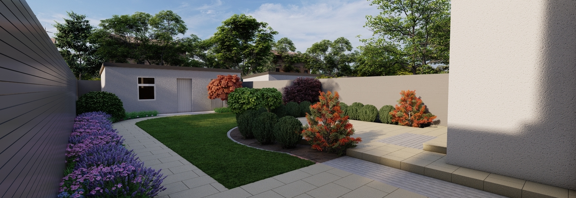 A Garden Design for a medium sized Family garden in Rathfarnham,  Dublin 14 features an expansive  Raised Patio with the emphasis on the provision of space for separate formal & casual dining areas with generously planted borders, custom made timber slatted fencing, Limestone paving, and large lawn area |   Owen Chubb Garden Design, Tel 087-2306 128