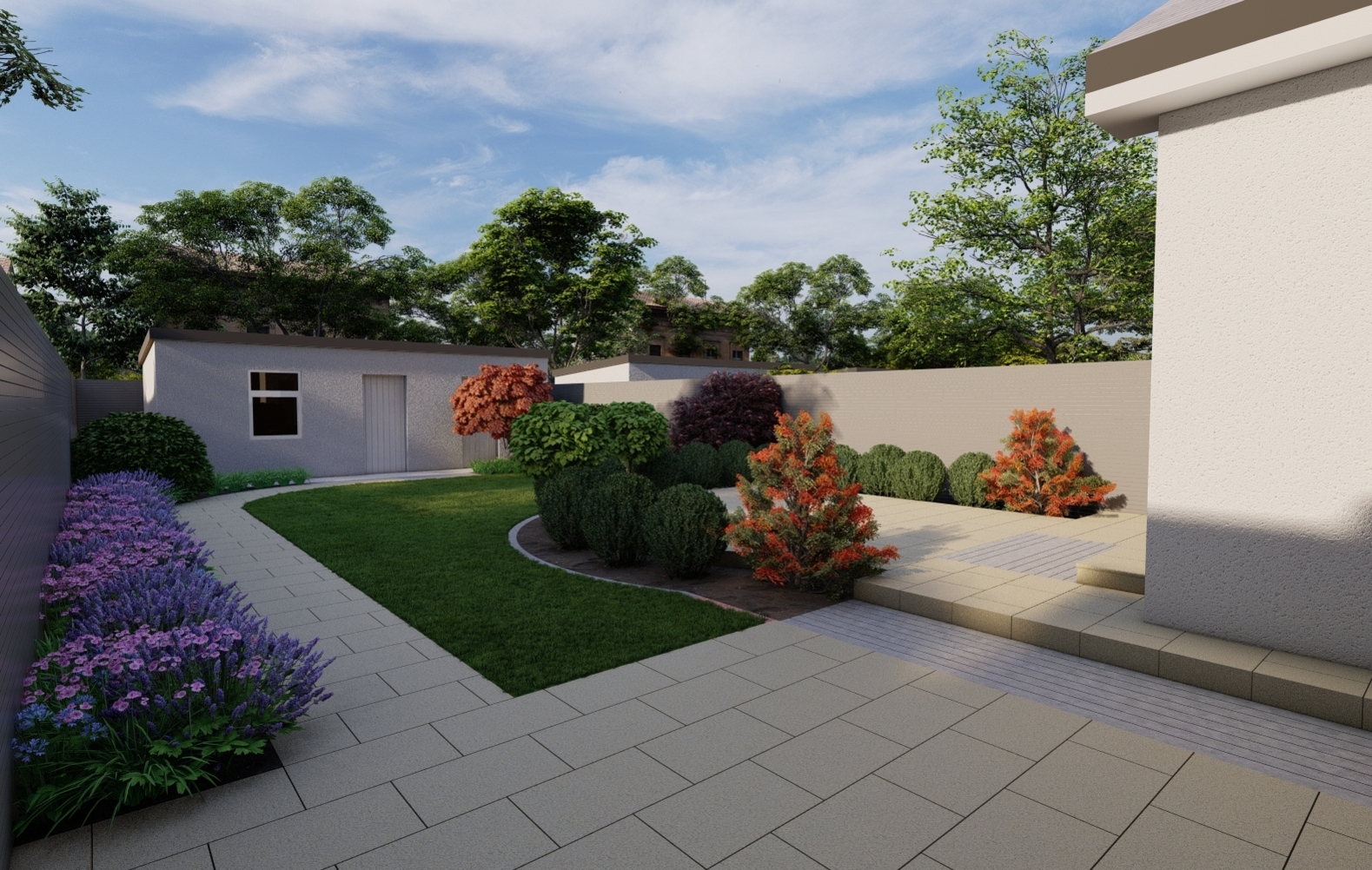 A Garden Design for a medium sized Family garden in Rathfarnham,  Dublin 14 features an expansive  Raised Patio with the emphasis on the provision of space for separate formal & casual dining areas with generously planted borders, custom made timber slatted fencing, Limestone paving, and large lawn area |   Owen Chubb Garden Design, Tel 087-2306 128