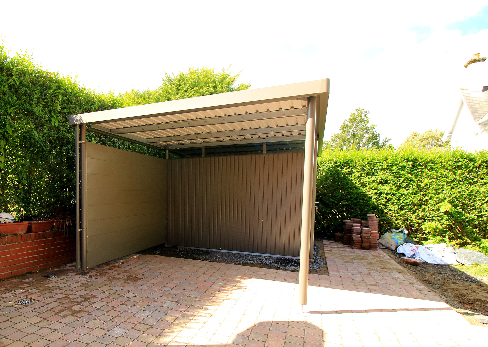 Biohort HighLine H5 Garden Shed with Side Canopy - supplied + fitted in Belfast | Owen Chubb Garden Landscapers