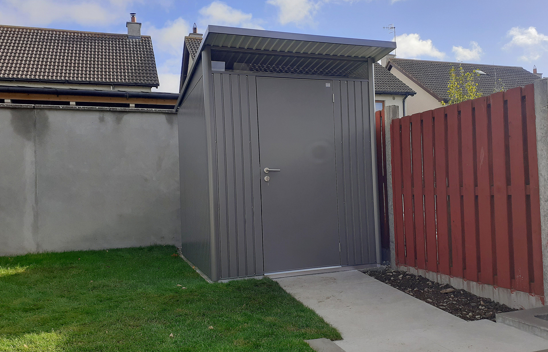 Biohort AvantGarde A2 Garden Shed in metallic quartz grey - supplied + fitted in Dundalk, Co Louth | Owen Chubb Garden Landscapers
