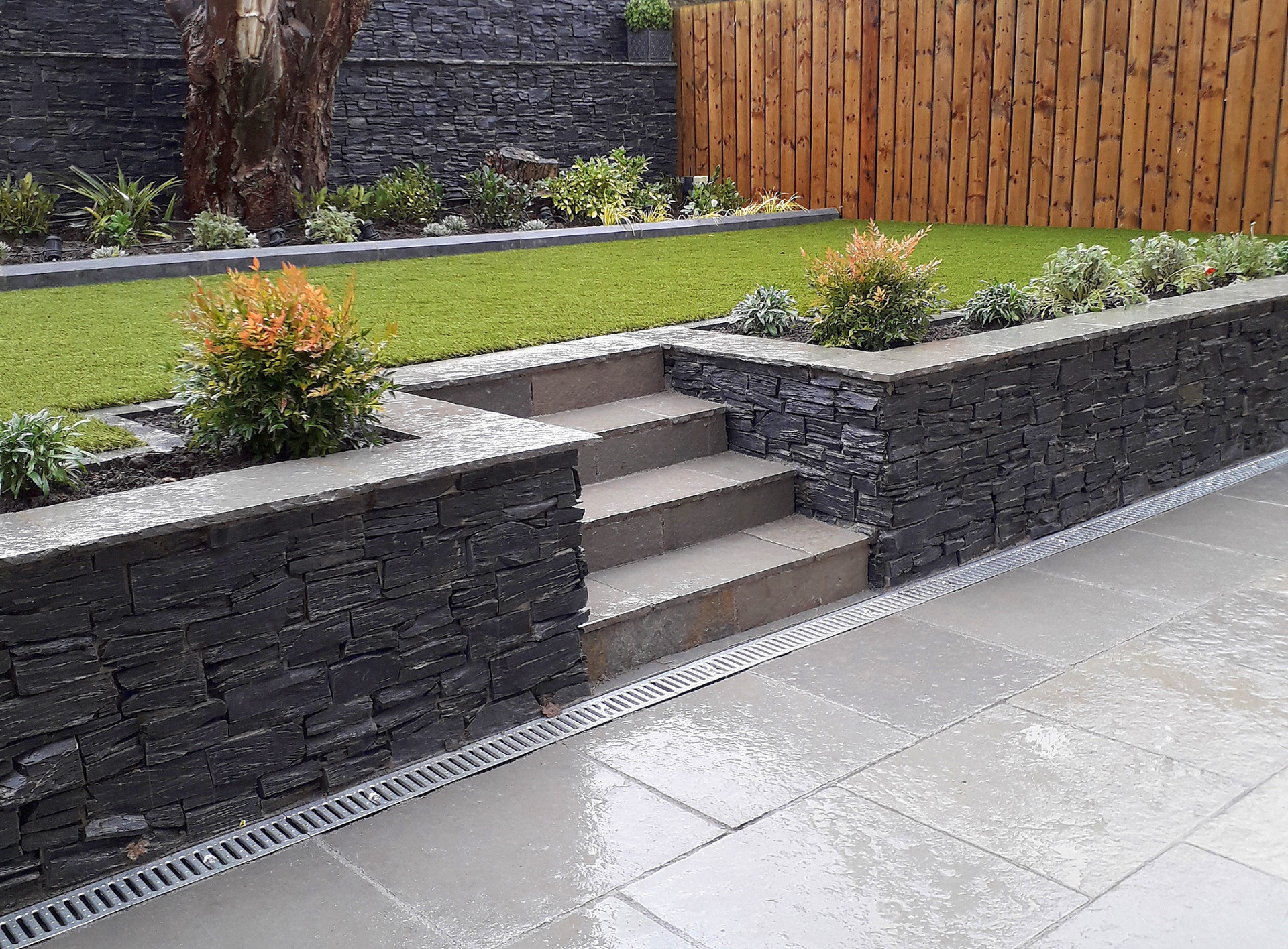 Split-level garden patio & lawn design in Rathfarnham, Dublin 14 | Owen Chubb Garden Landscaping for discerning clients