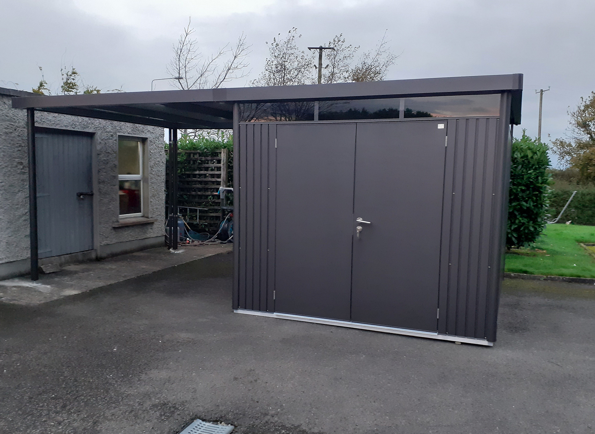 Biohort HighLine H5 Garden Shed with Side Canopy - supplied + fitted in Co Kildare | Owen Chubb Garden Landscapers