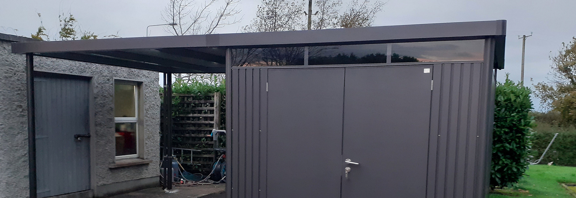 Biohort HighLine H5 Garden Shed with Side Canopy - supplied + fitted in Co Kildare | Owen Chubb Garden Landscapers