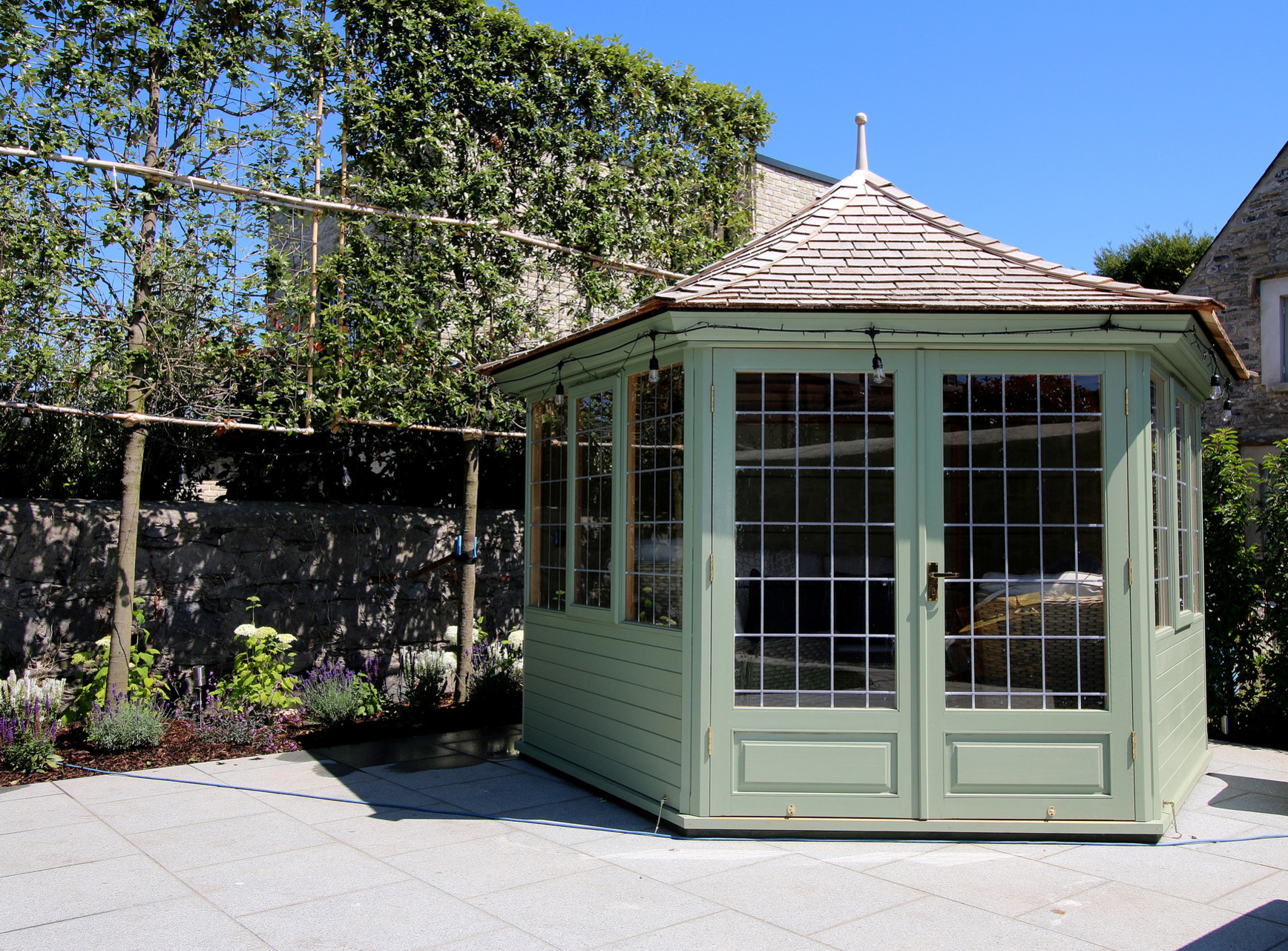Stunning Victorian Garden Summerhouse, 3.0m diameter, six sided, Western Red Cedar with painted finish |  Supplied + Fitted in Dublin 6, by Owen Chubb Garden Landscapes Limited. Tel 087-2306 128
