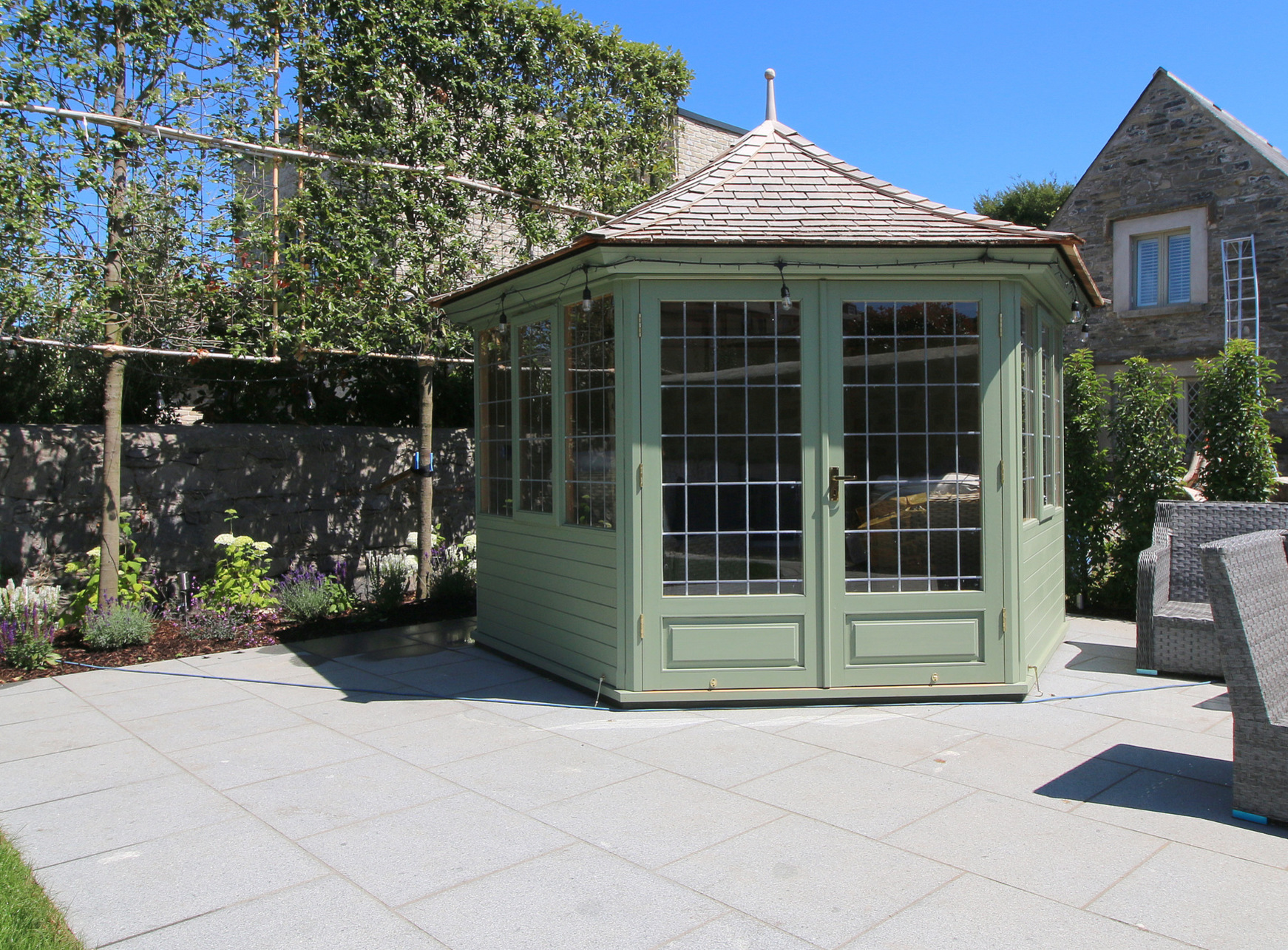 Stunning Victorian Garden Summerhouse, 3.0m diameter, six sided, Western Red Cedar with painted finish |  Supplied + Fitted in Dublin 6, by Owen Chubb Garden Landscapes Limited. Tel 087-2306 128