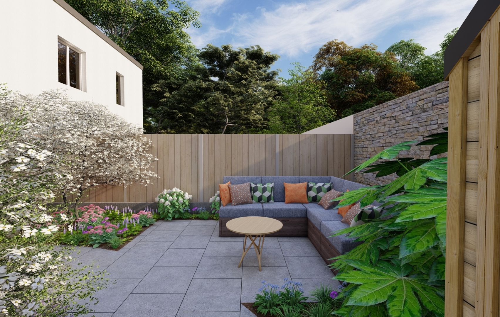 Small Garden Design Rathfarnham, Dublin 14 with the emphasis on a colurful, relaxing & practical space   |  Owen Chubb Garden Design, Tel 087-2306 128